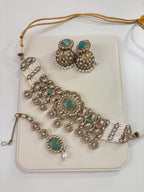 Premium Choker Choker Set With Mang Tikka & Jhumkas Moissanite Work (Pink/Mint)