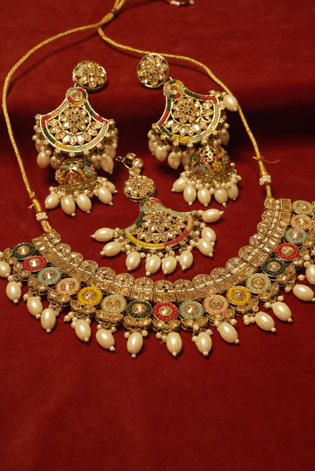 Multi Necklace With Mang Tikka & Long Earrings