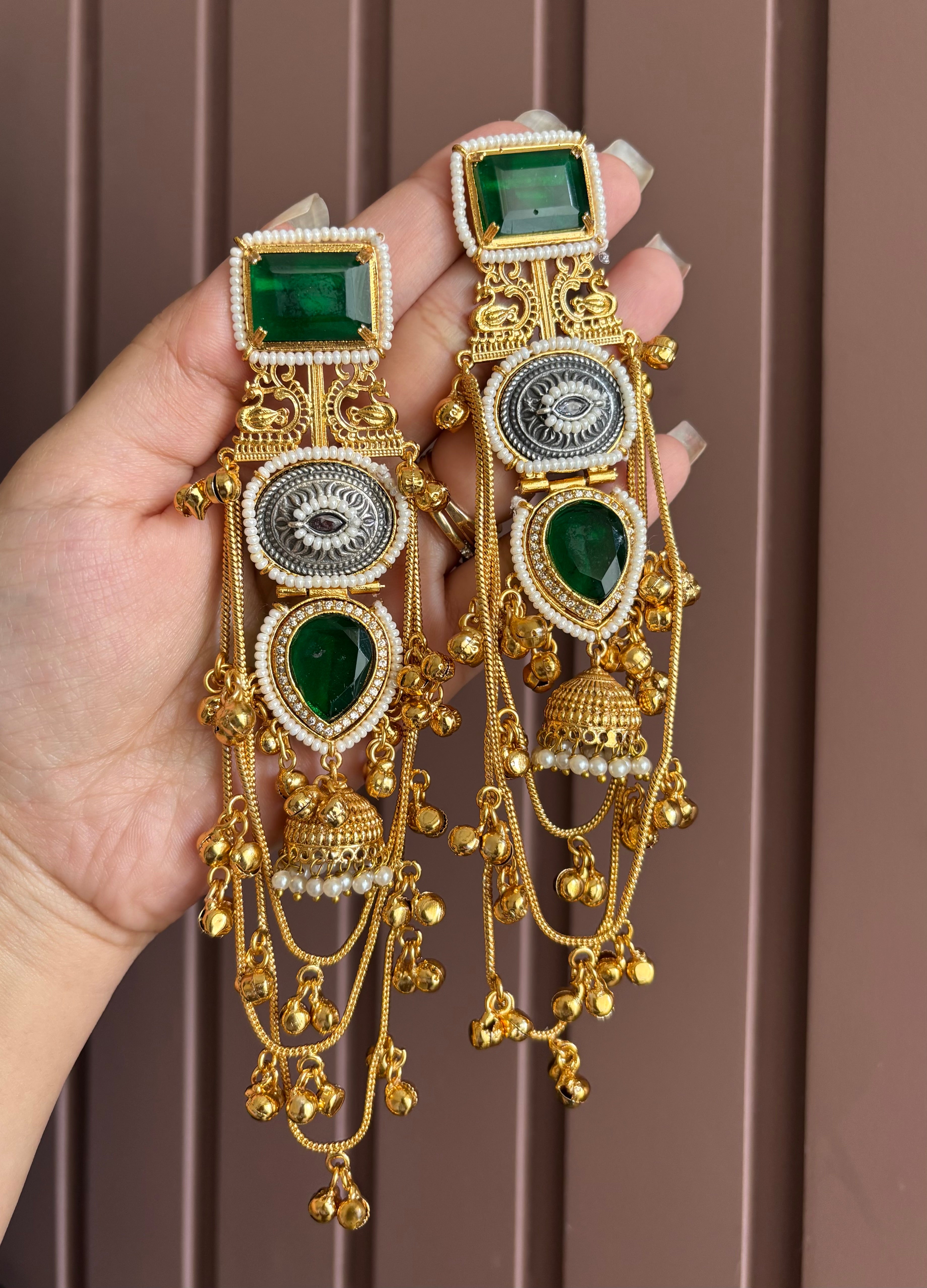 Zeena Kashmiri Long Earrings ( Green )