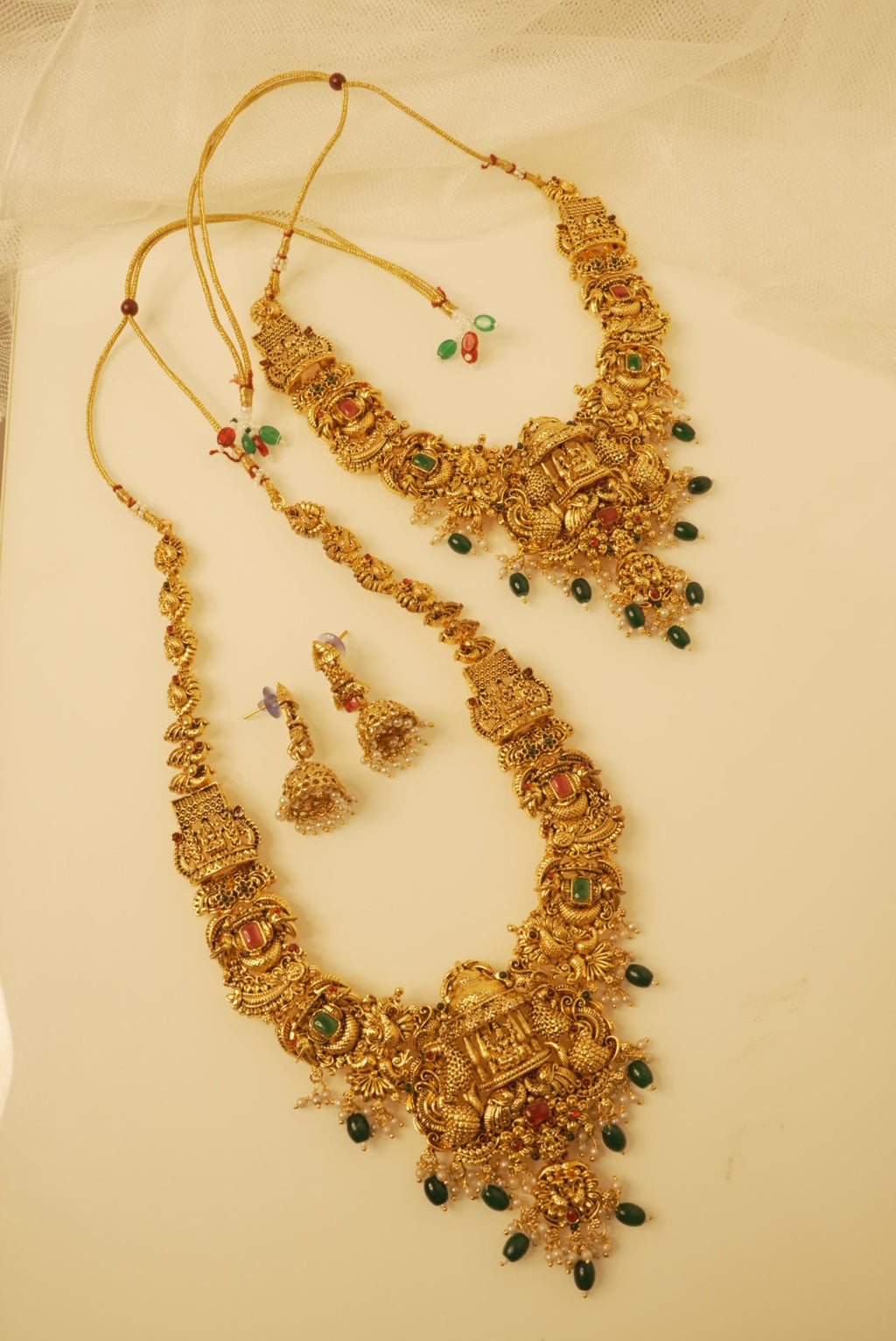 Premium Heritage Temple Jewellery Double Layer Set With Long Haar & Necklace With Jhumkas