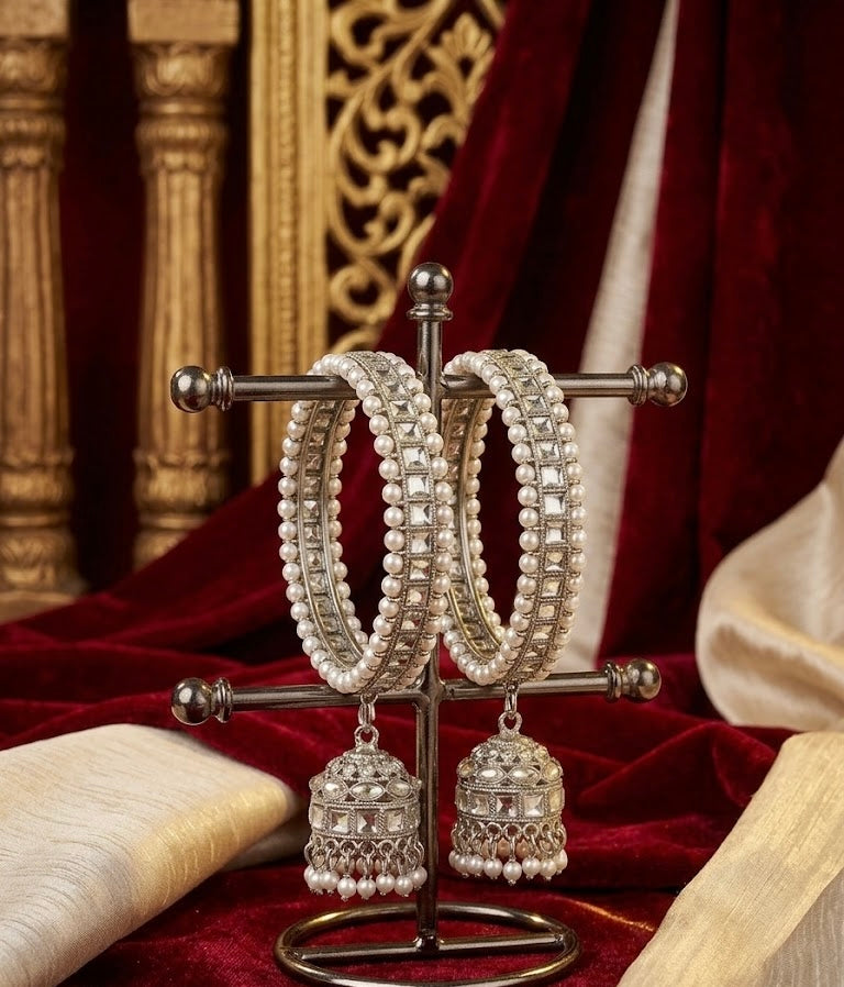 Full Silver Pearl Touch Bangle With Latkan