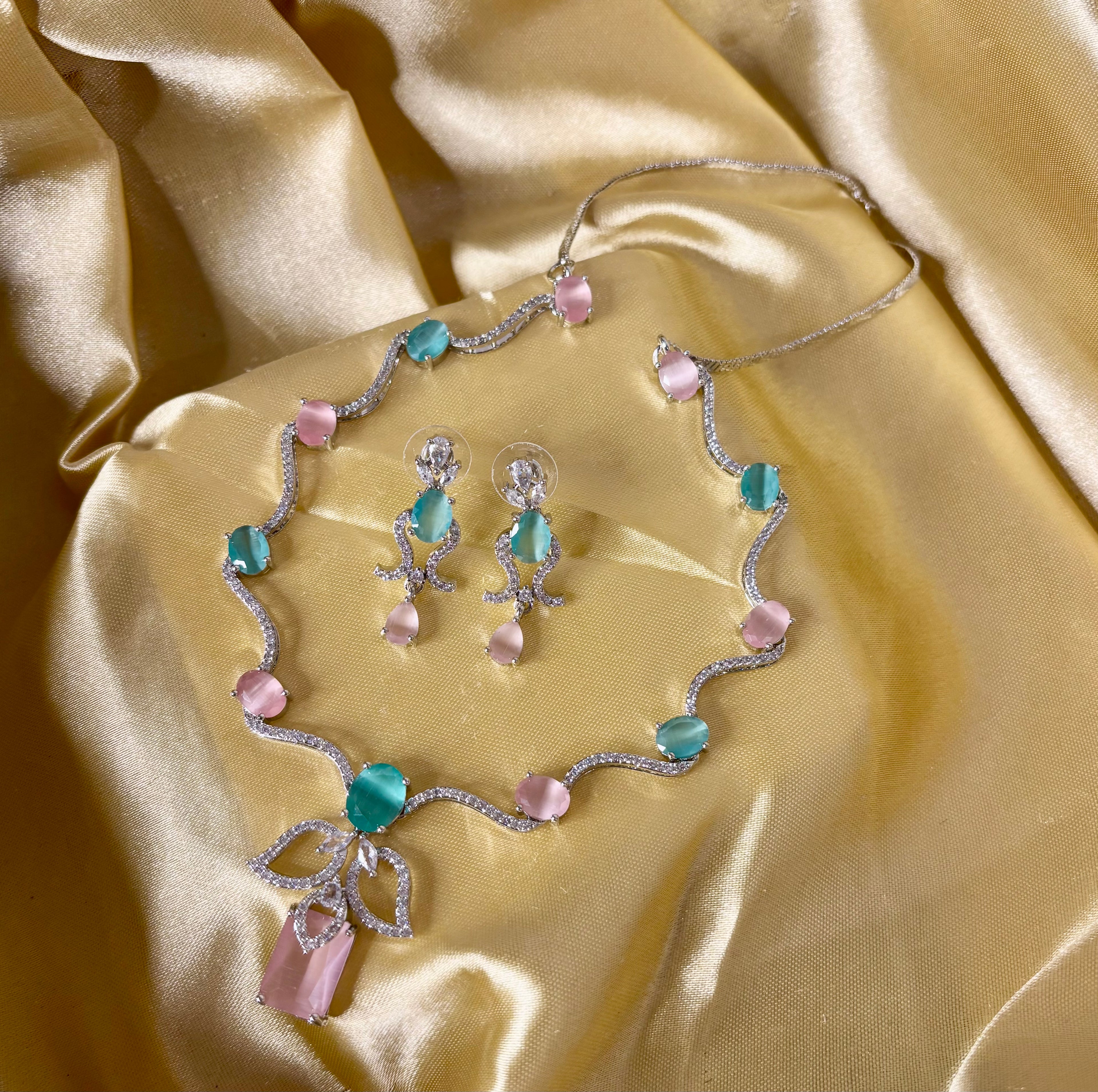Angel American Diamond Sleek Necklace With Earrings (Pink Mint Mix)