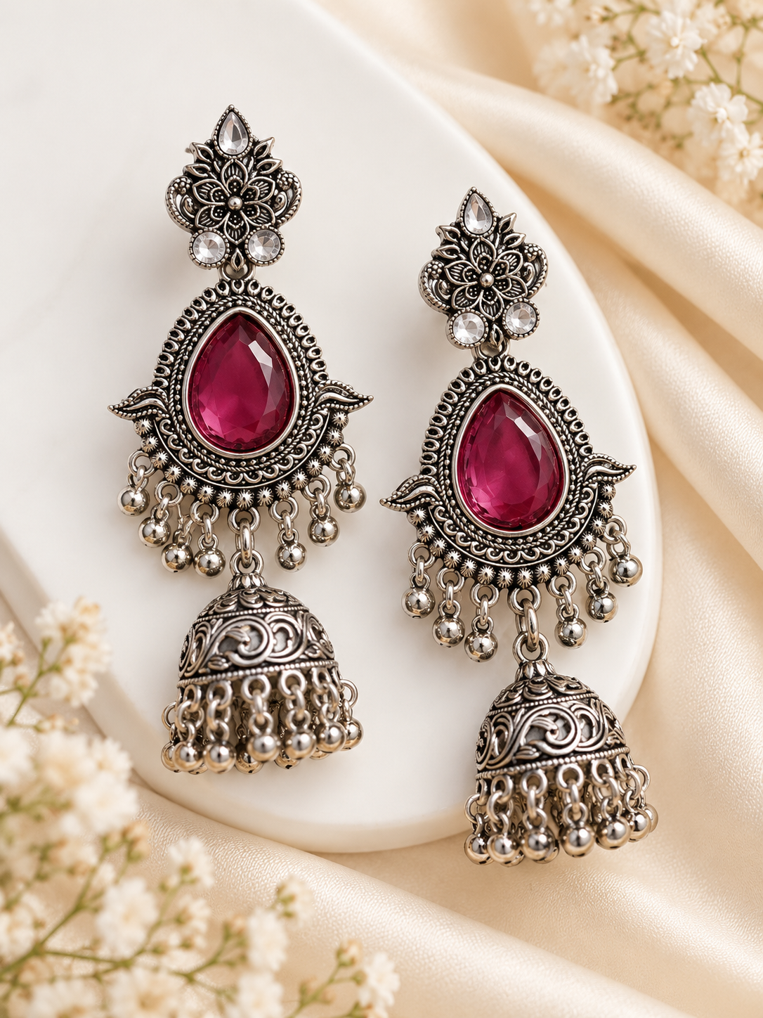 Akriti Silver Jhumkas (Pink)