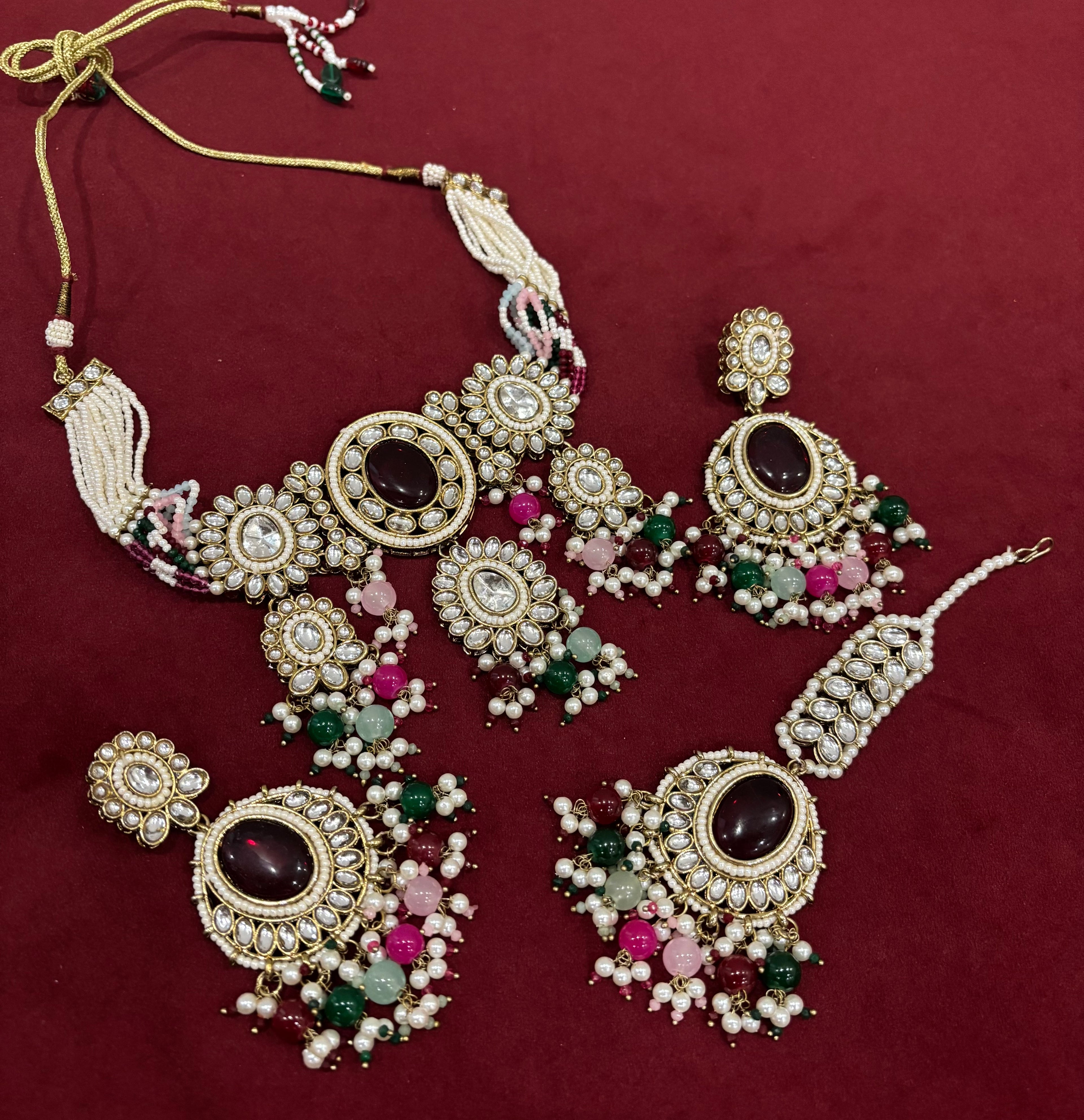 Neeti Multi Colour Heavy Look Choker Set With Mang Tikka & Earrings