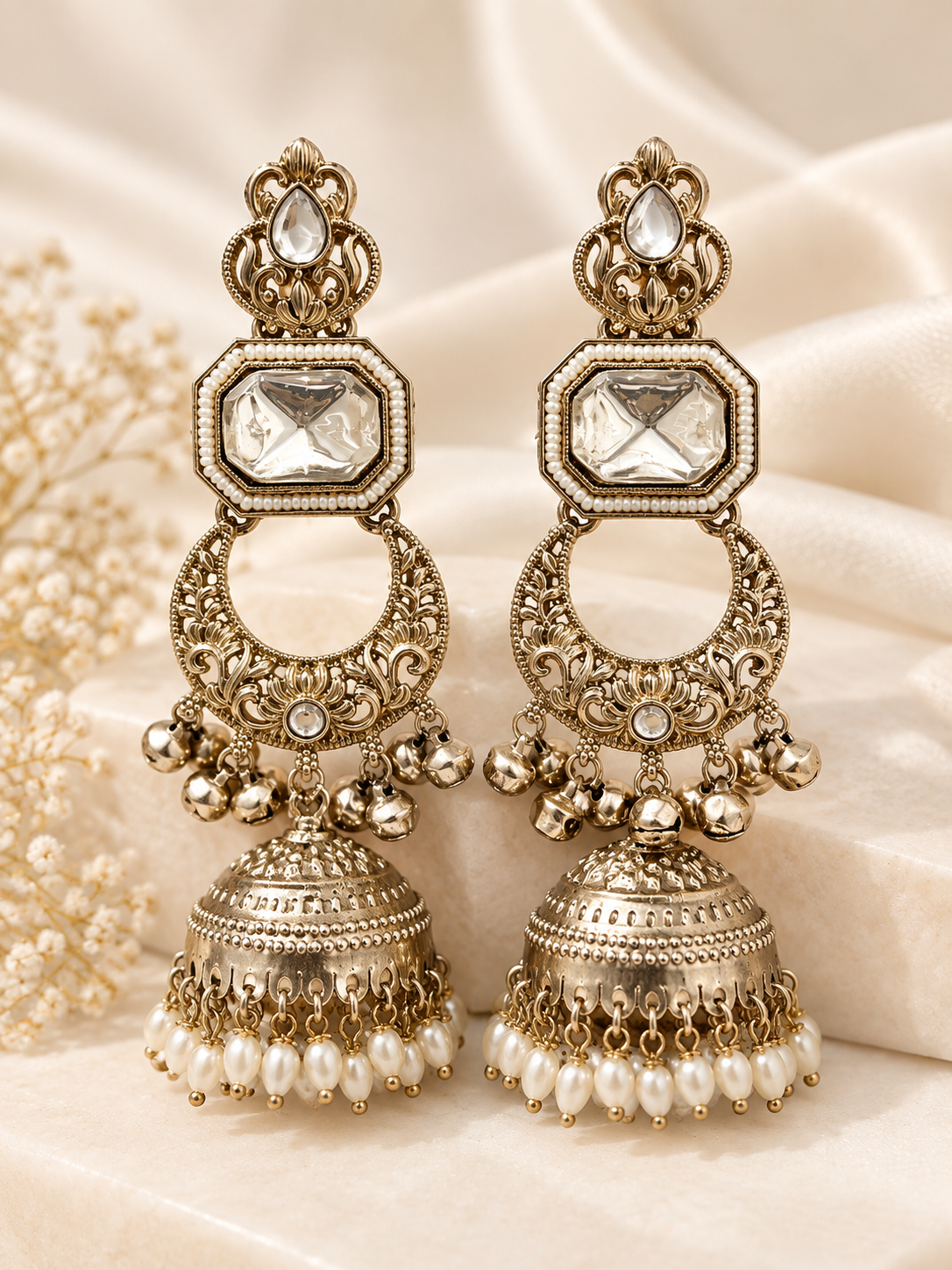 Ghungroo Chandbali Jhumkas (Ivory)