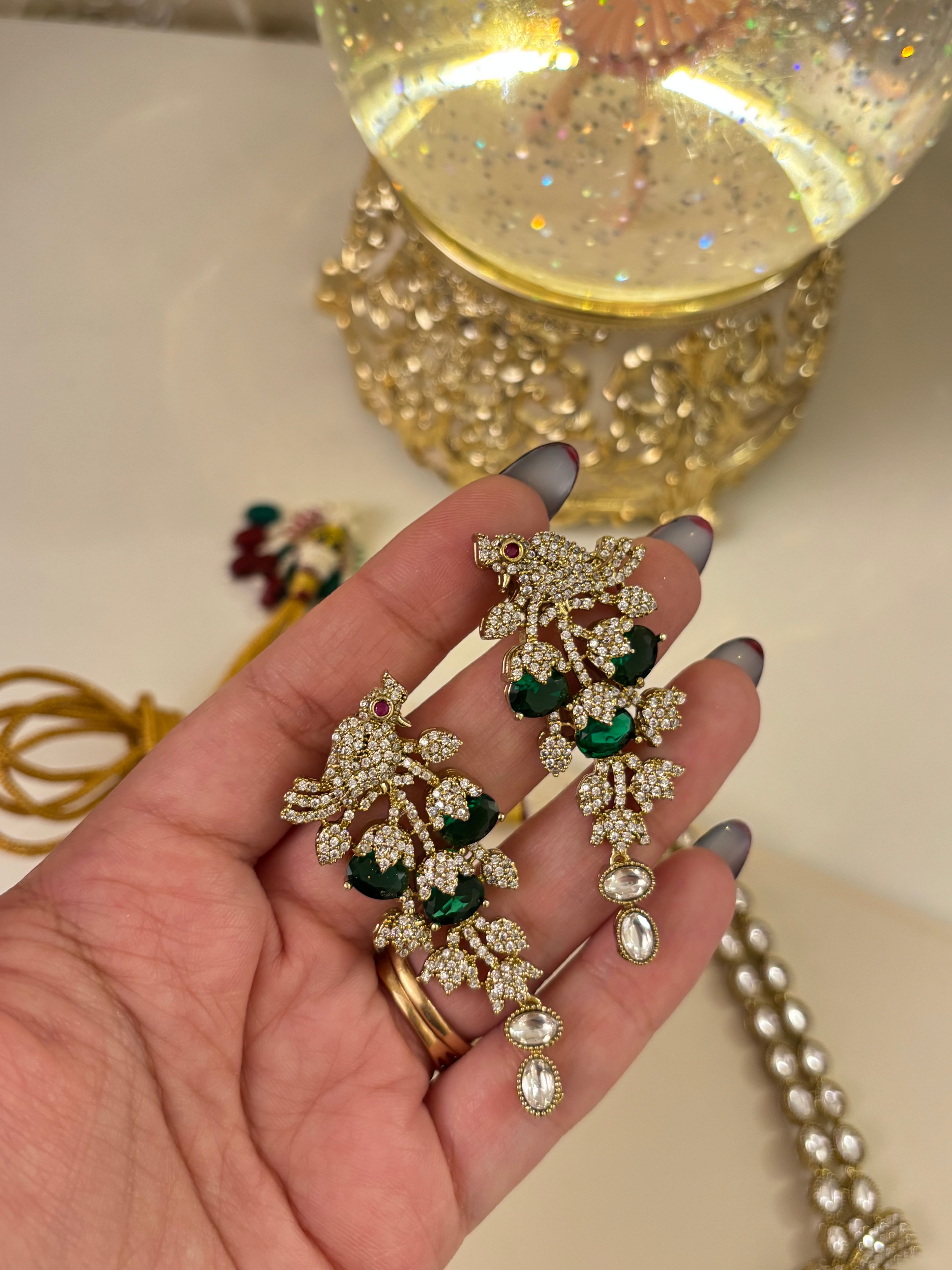 Premium Classy Nature Inspired Emerald Necklace With Earrings ( Moissanite & Doublet Stones Work)