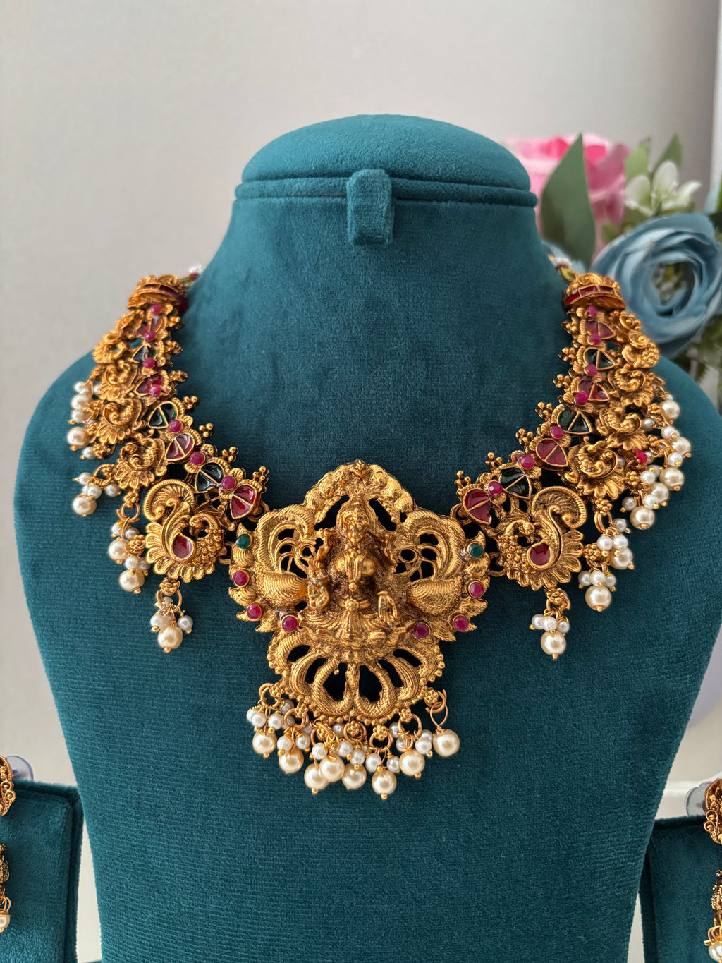 Gold Look Like Temple Jewellery Necklace With Jhumkas