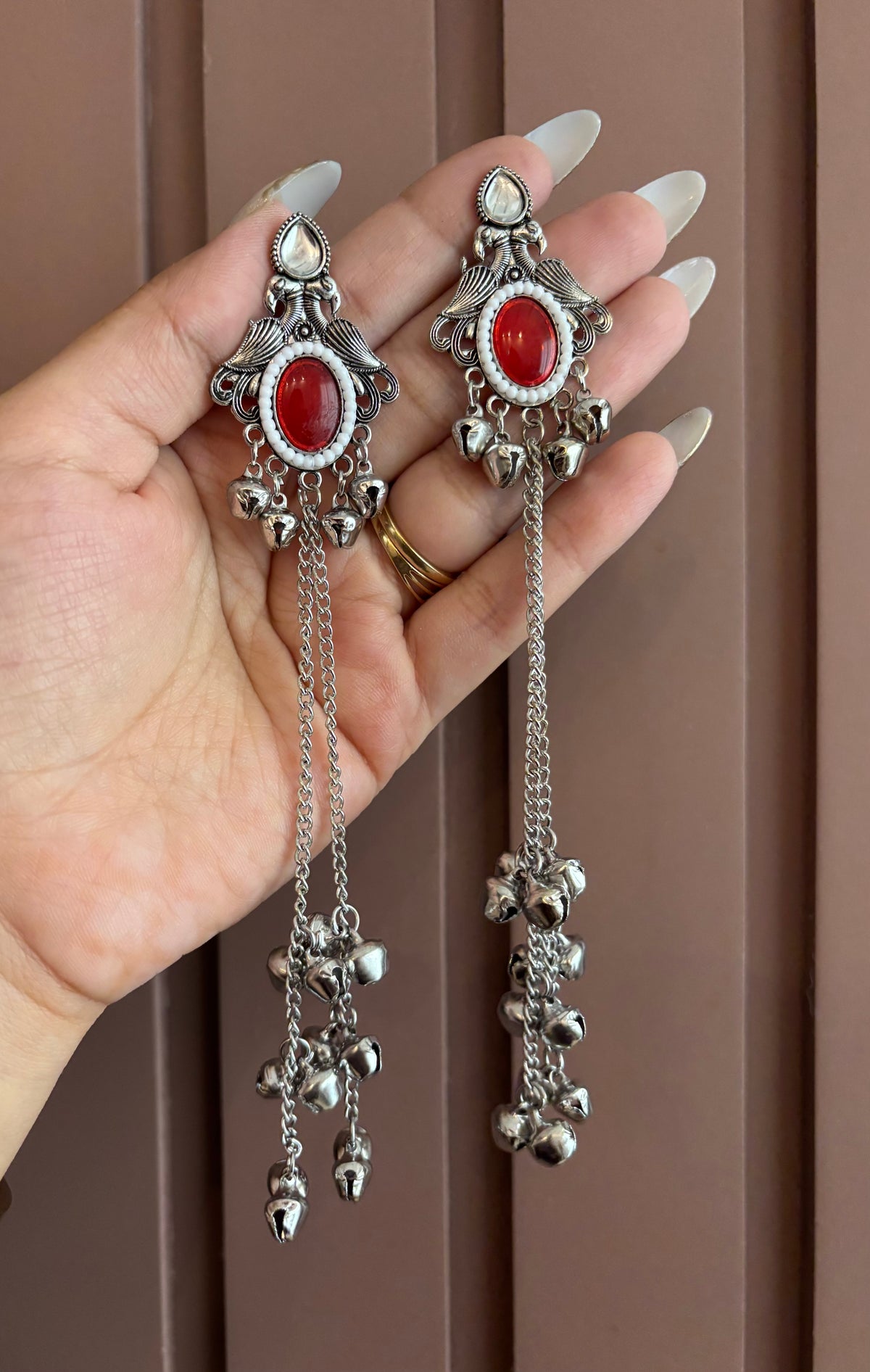 Oval Silver Ghungroo Earrings (Red)