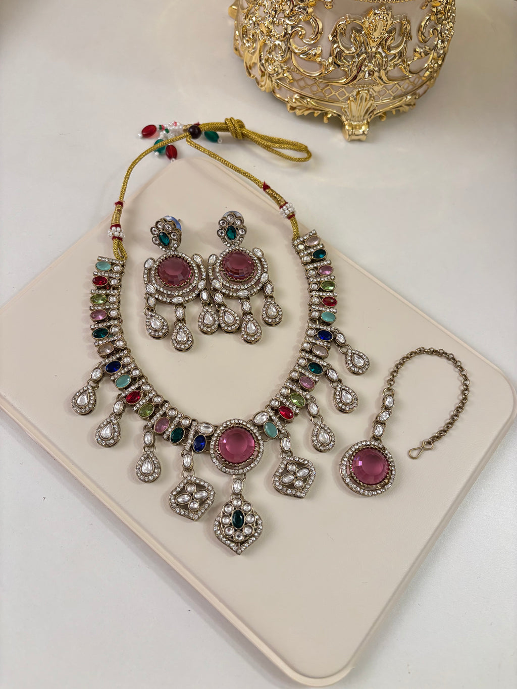 Victoria Necklace With Mang Tikka & Earrings (Multi)