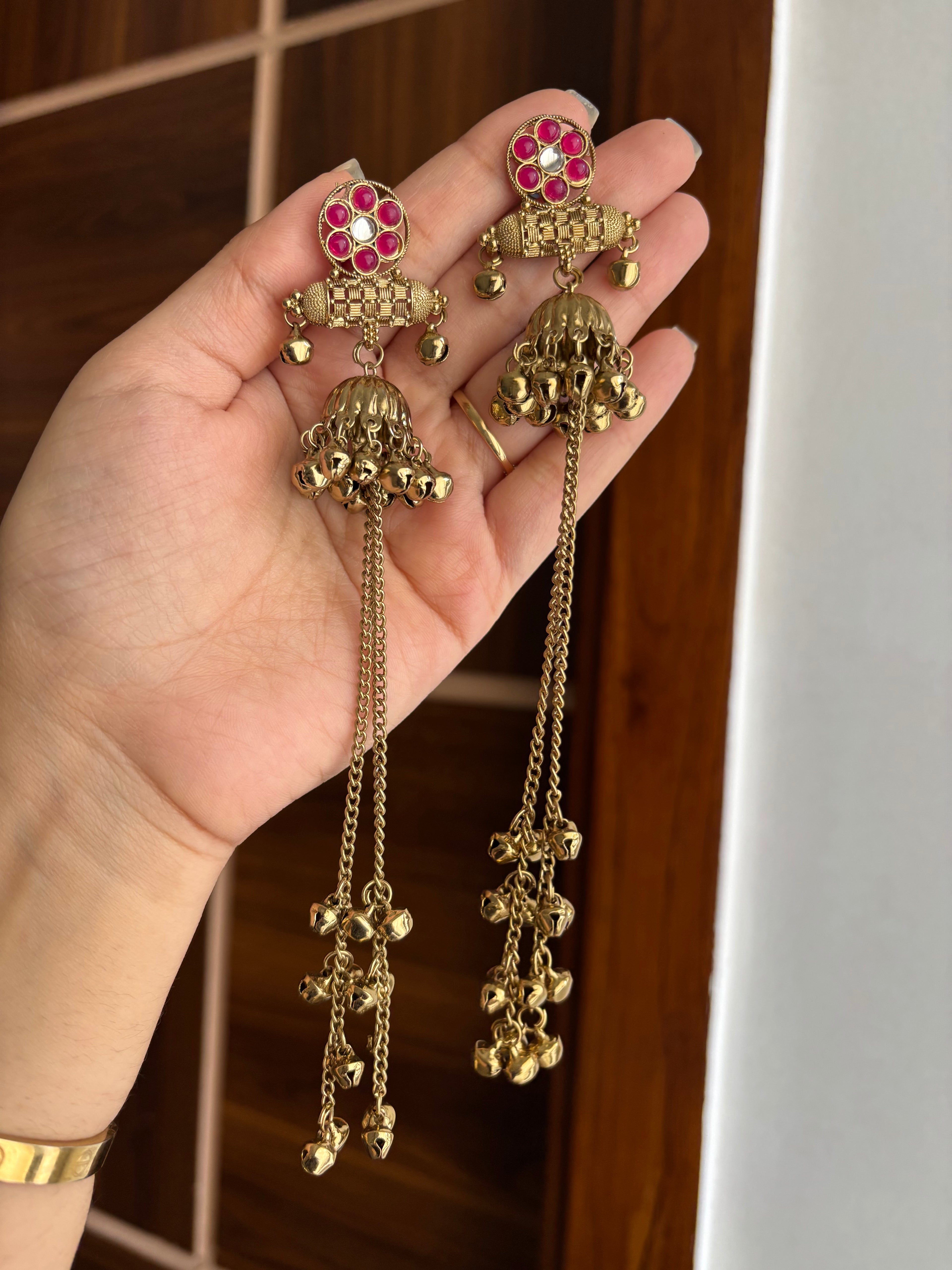 Daisy Kashmiri Jhumkas With Long Layers ( Mazanta)