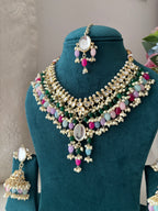 Premium Kundan Touch Navrattan Necklace With Mang Tikka & Jhumkas