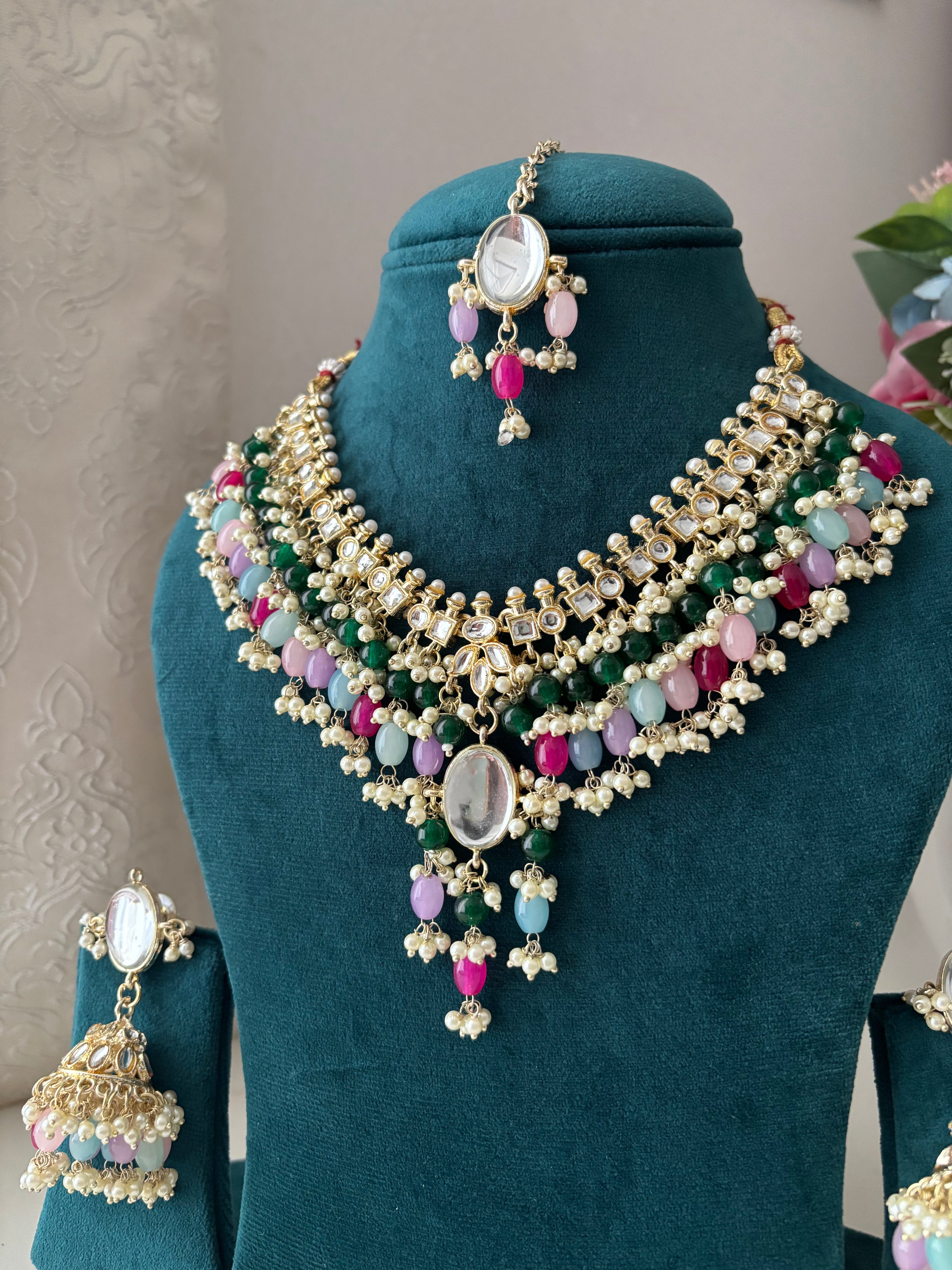 Premium Kundan Touch Navrattan Necklace With Mang Tikka & Jhumkas