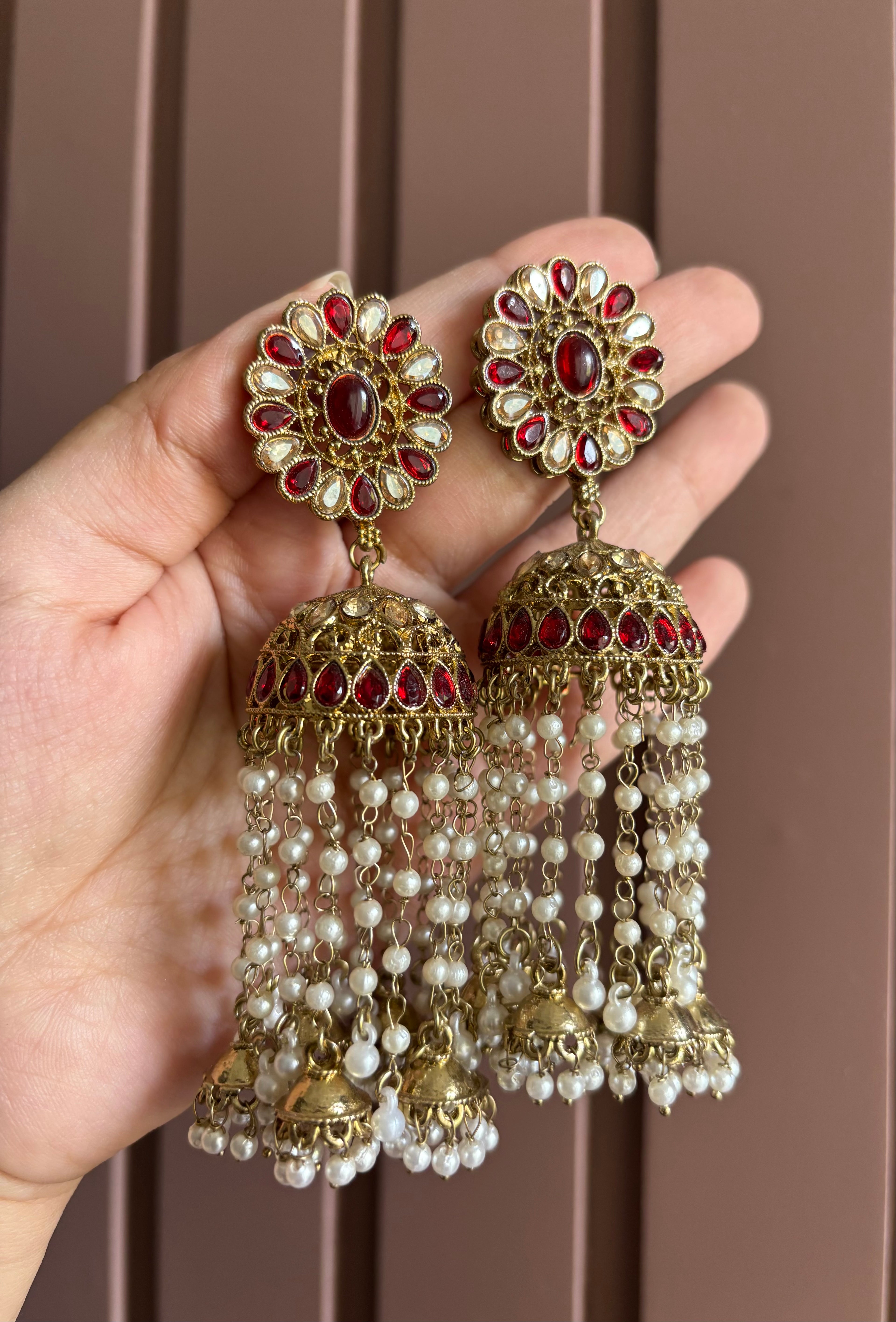 High Quality Designer Flower Layer Touch Jhumkas (Maroon)