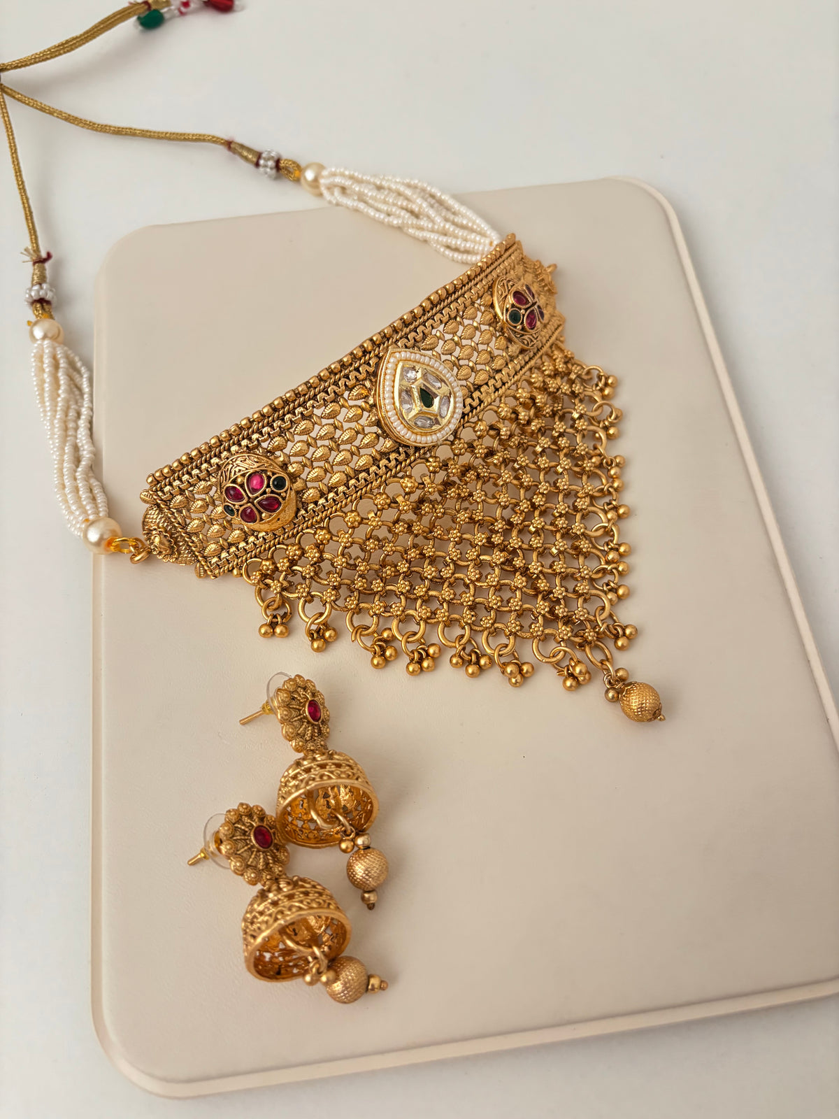 Premium Gold Look Like Choker Set With Jhumkas Design-25