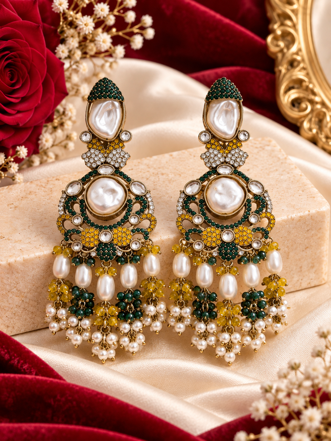 Mehboob Turkish Long Earrings (Emerald/Yellow)