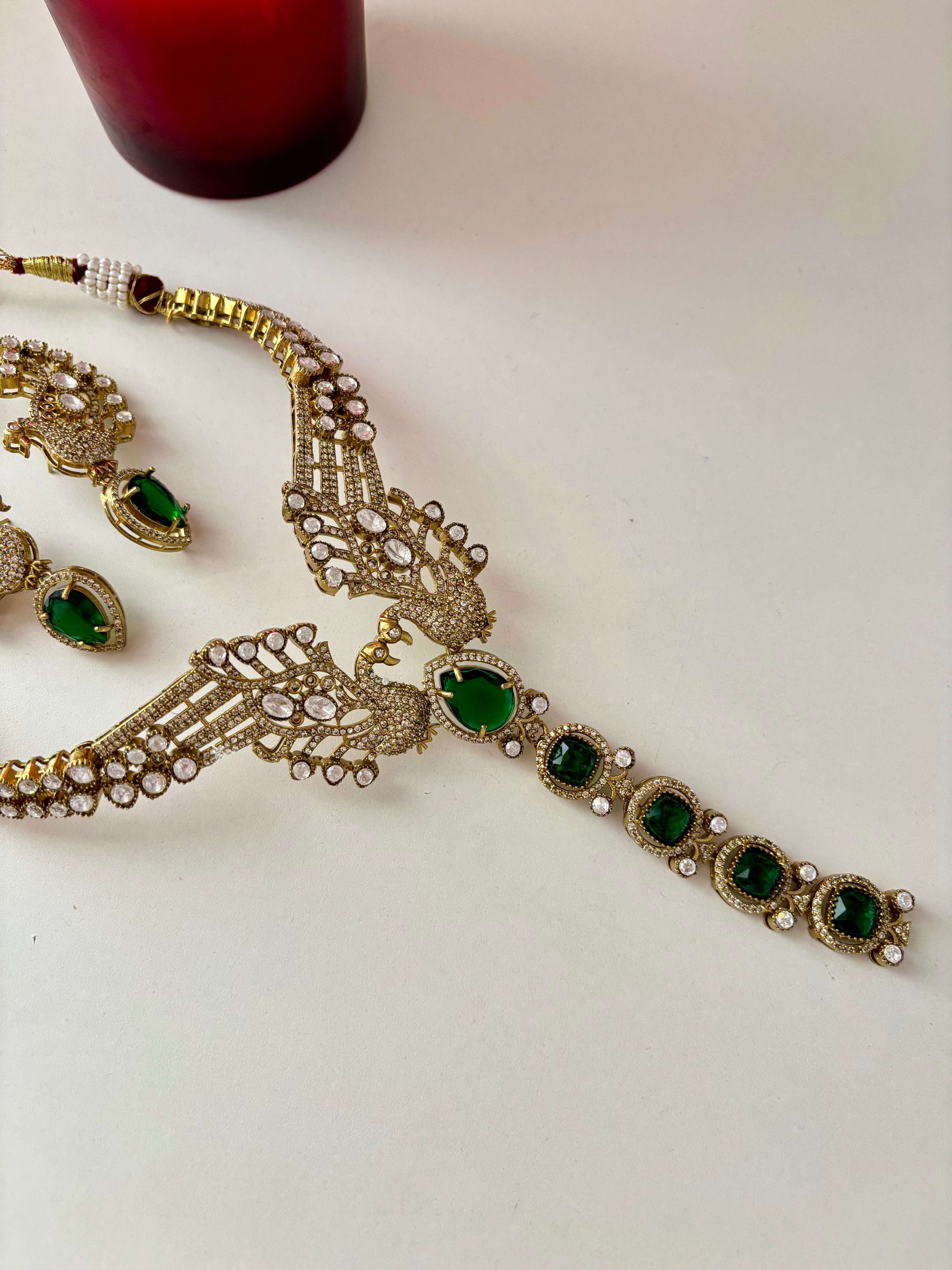 Royal Peacock Designer Statement Premium Doublet Stones Work Necklace With Earcuff (Emerald)