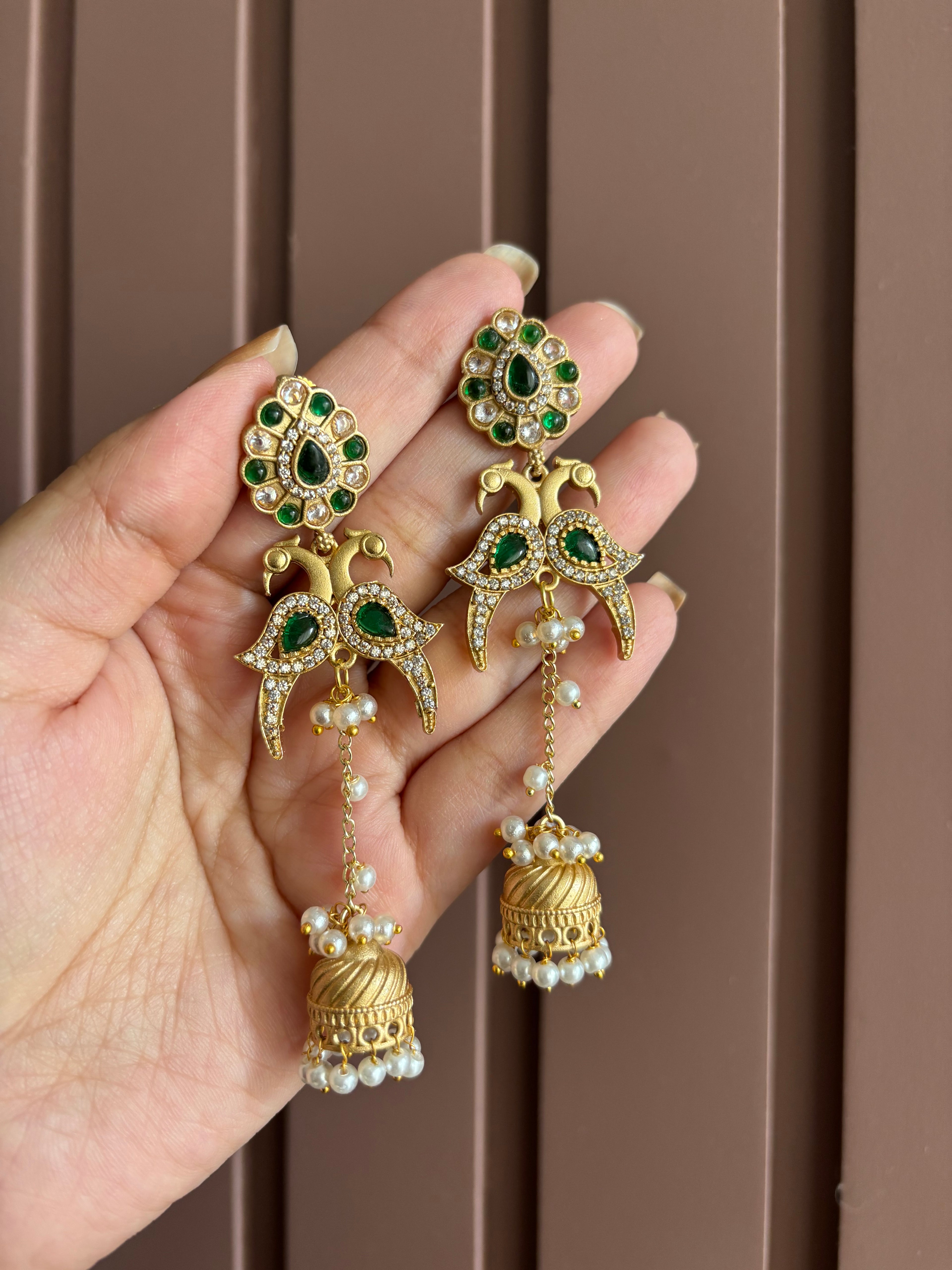 Mohini Brass Designer Earrings In American Diamond Touch (Emerald)