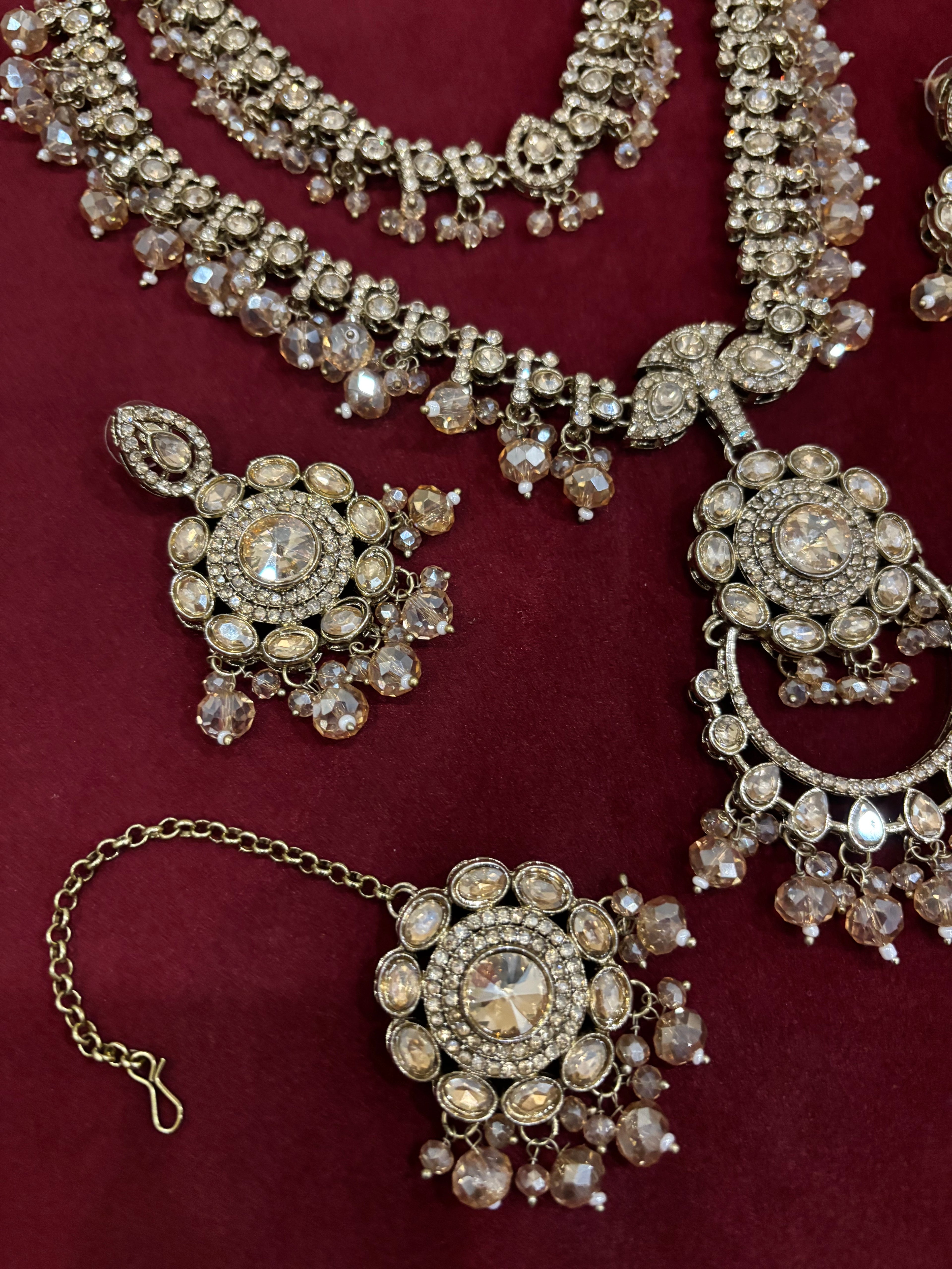 High Quality Designer Double Layer Statement Neckpiece With Mang Tikka & Earrings Full Champagne Color