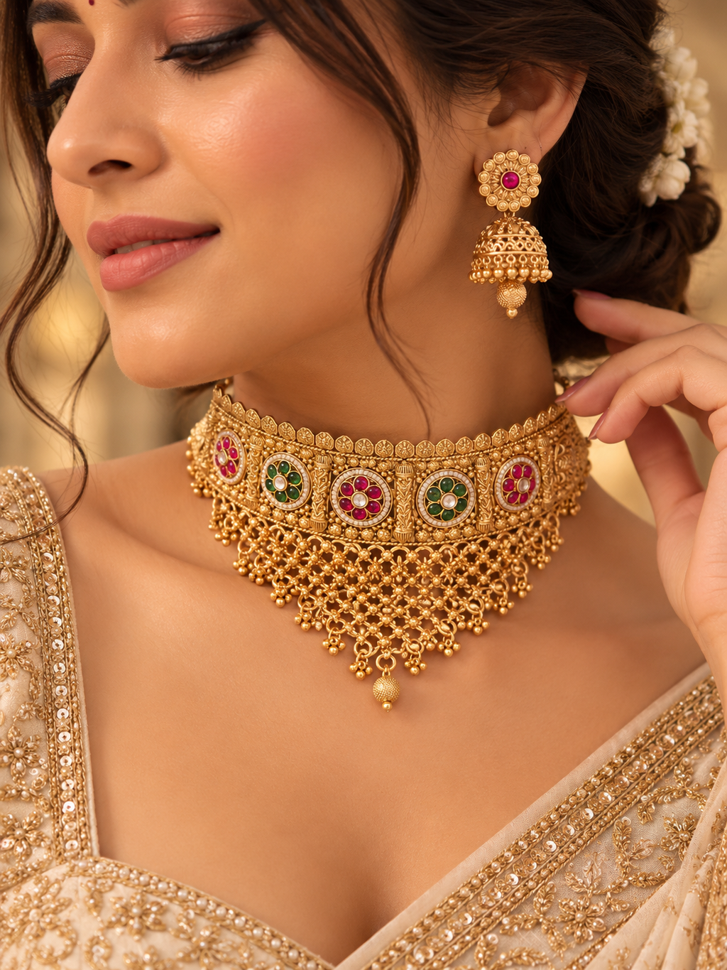 Premium Gold Look Like Heavy Look Choker Set With Jhumkas Design-2