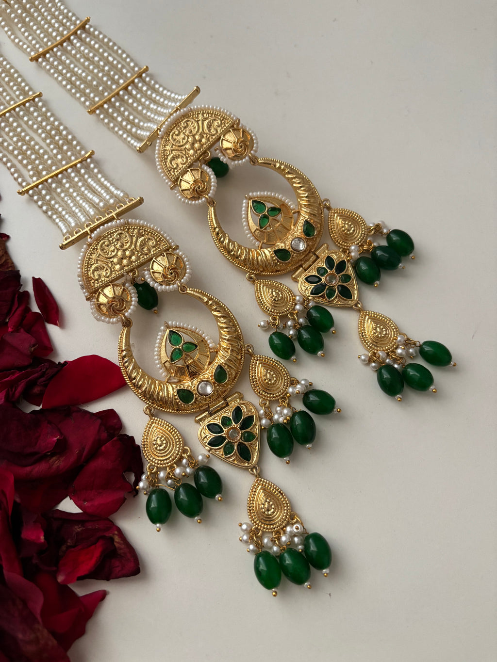 Rubina Brass Long Earrings With Pearls Sahara (Green)