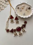 Jazz Doublet Stone Work Choker With Earrings (Maroon)