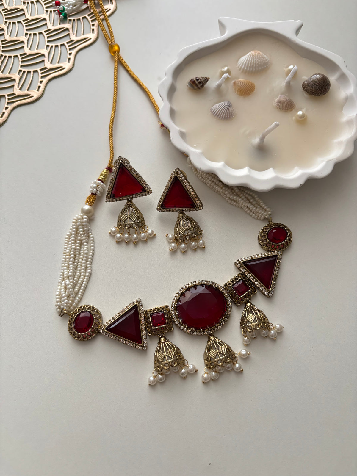 Jazz Doublet Stone Work Choker With Earrings (Maroon)