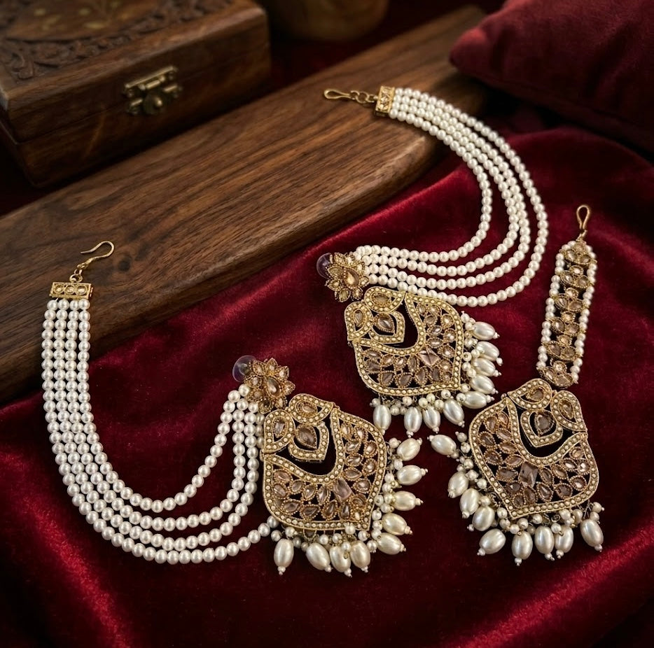 Zoya High Quality Designer Jadau Ivory Mang Tikka With Earrings In Layers With Side Layers