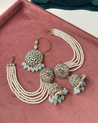 Mirror Cut Mang Tikka With Jhumkas & Detachable Earchain ( Powder Blue )