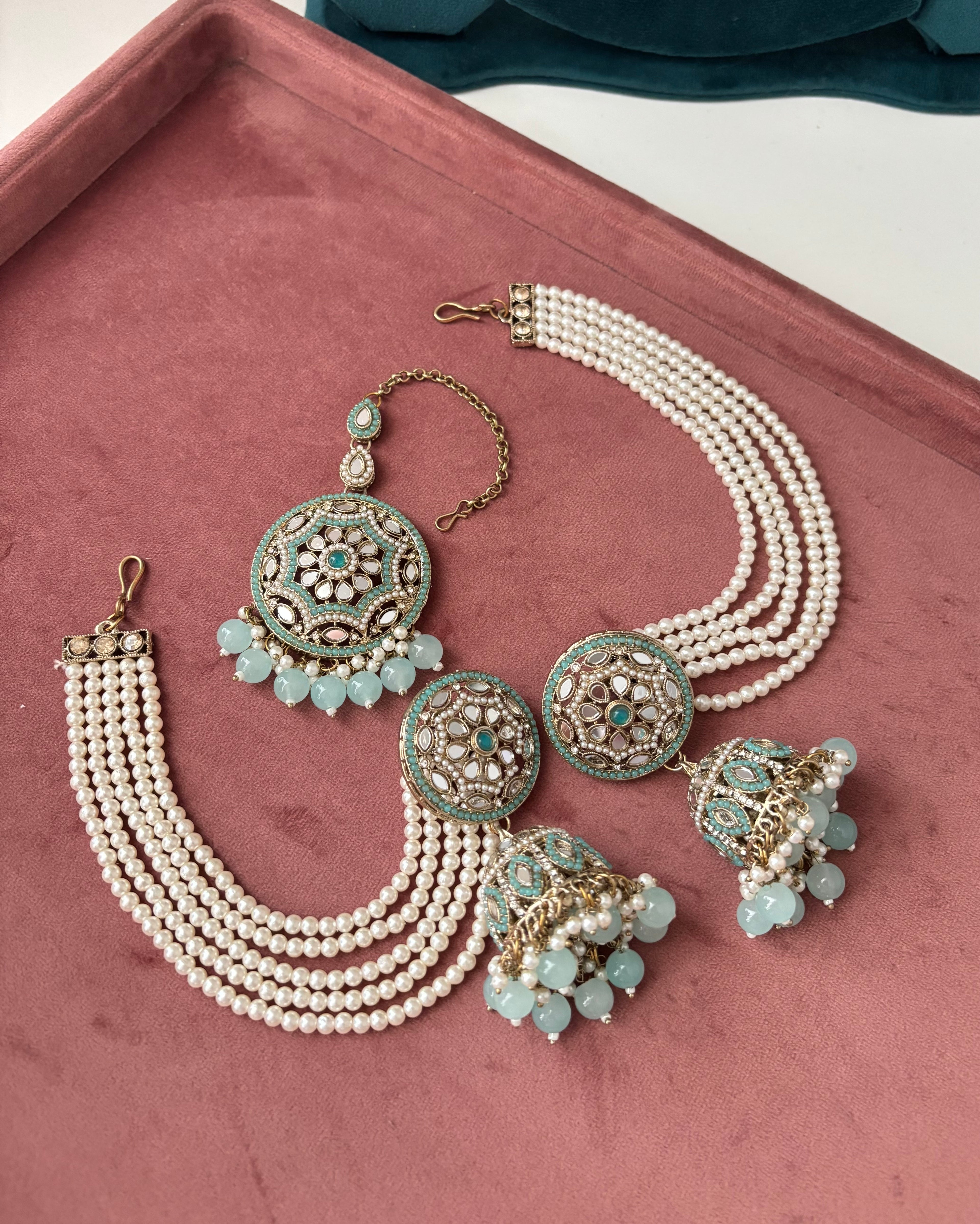 Mirror Cut Mang Tikka With Jhumkas & Detachable Earchain ( Powder Blue )