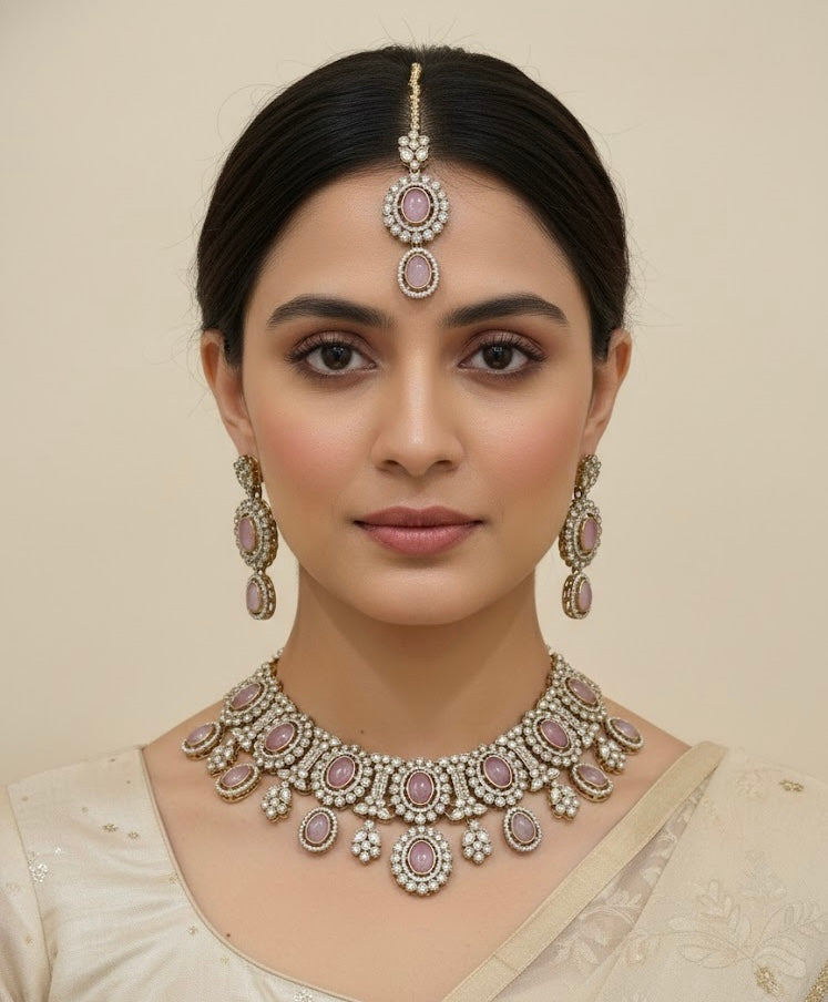 High Quality Designer Bold Baby Pink Choker With Mang Tikka & Earrings