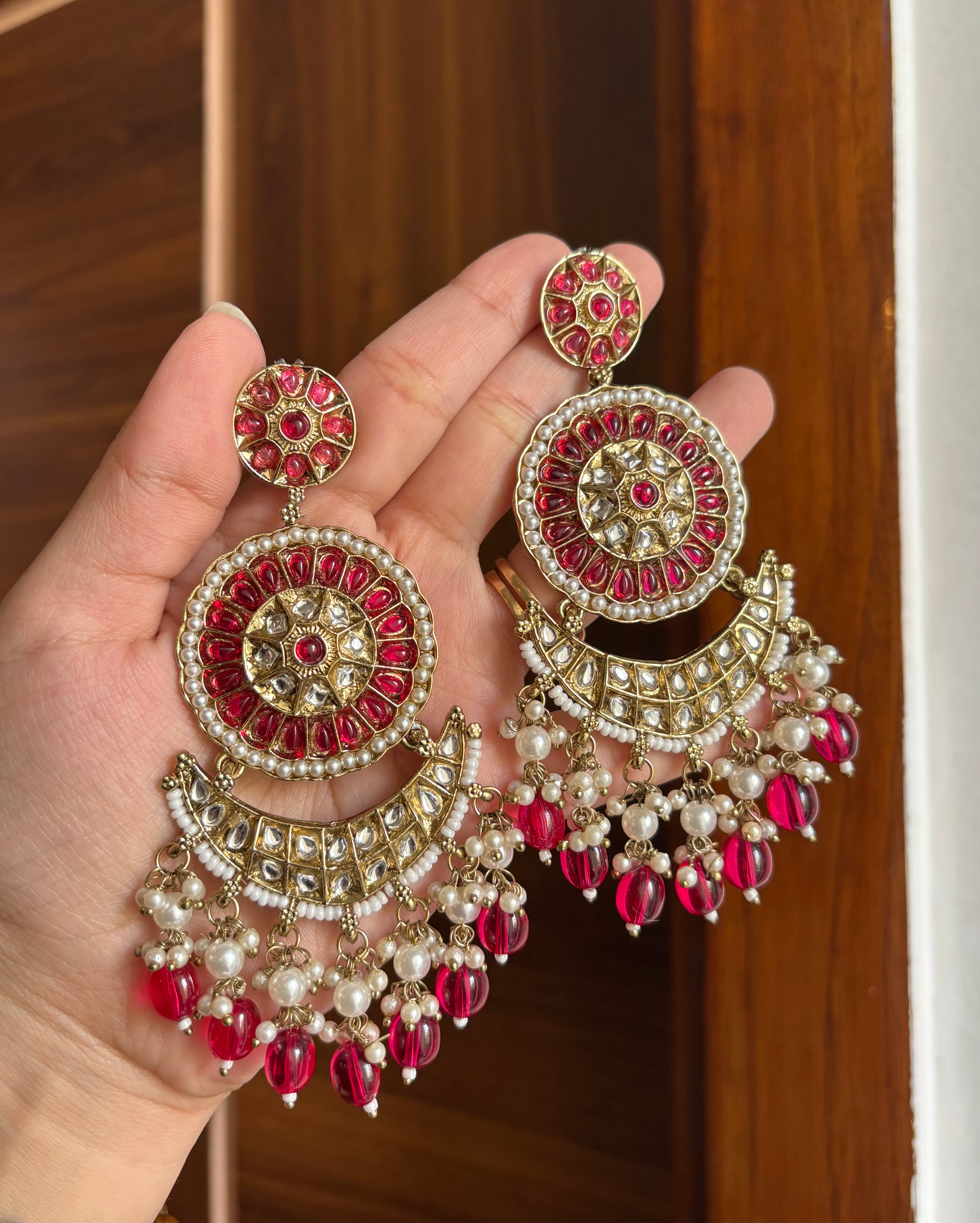 High Quality Designer Kundan Earrings (Dark Pink)