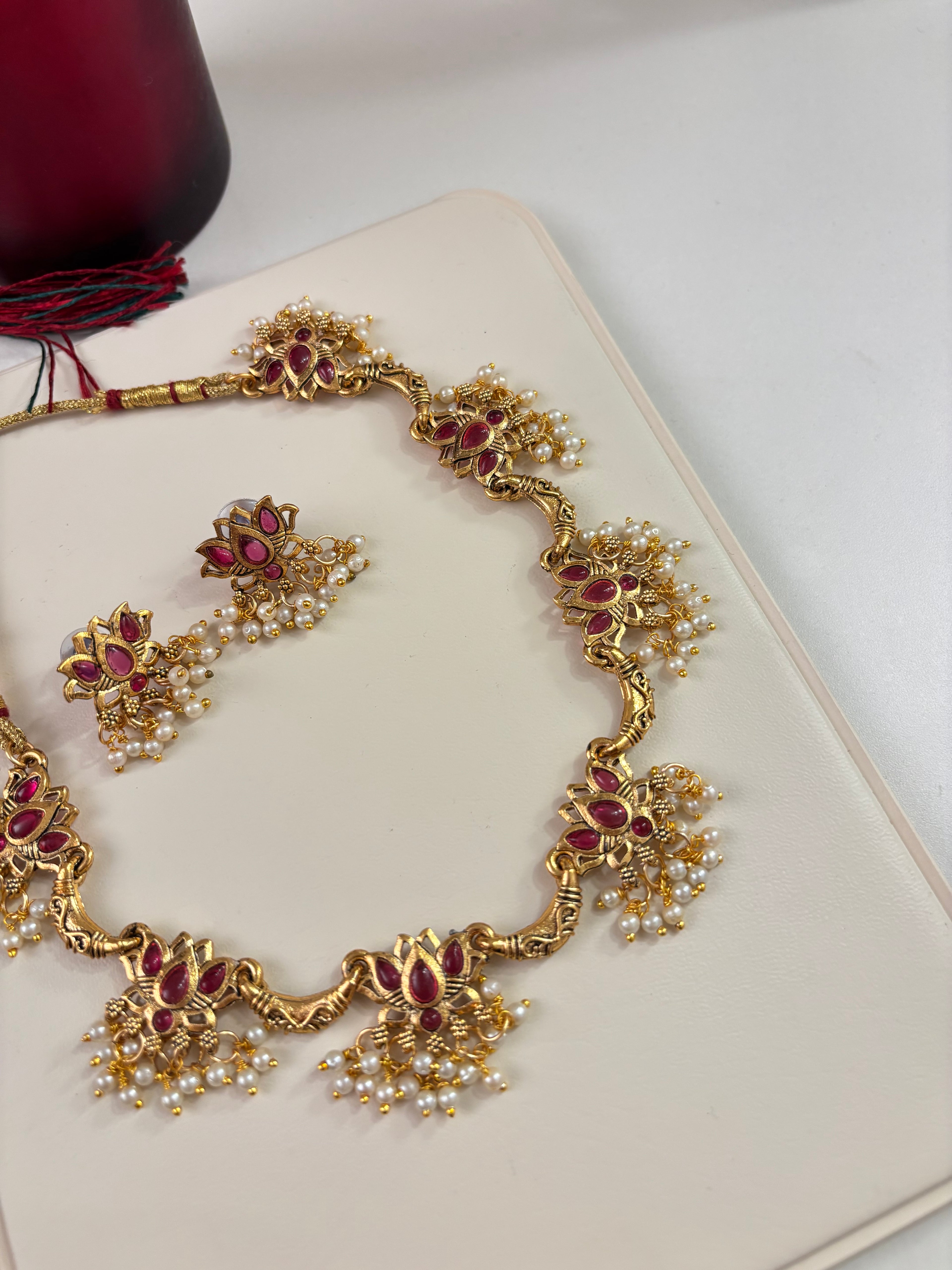 Ruby Lotus Necklace With Earrings