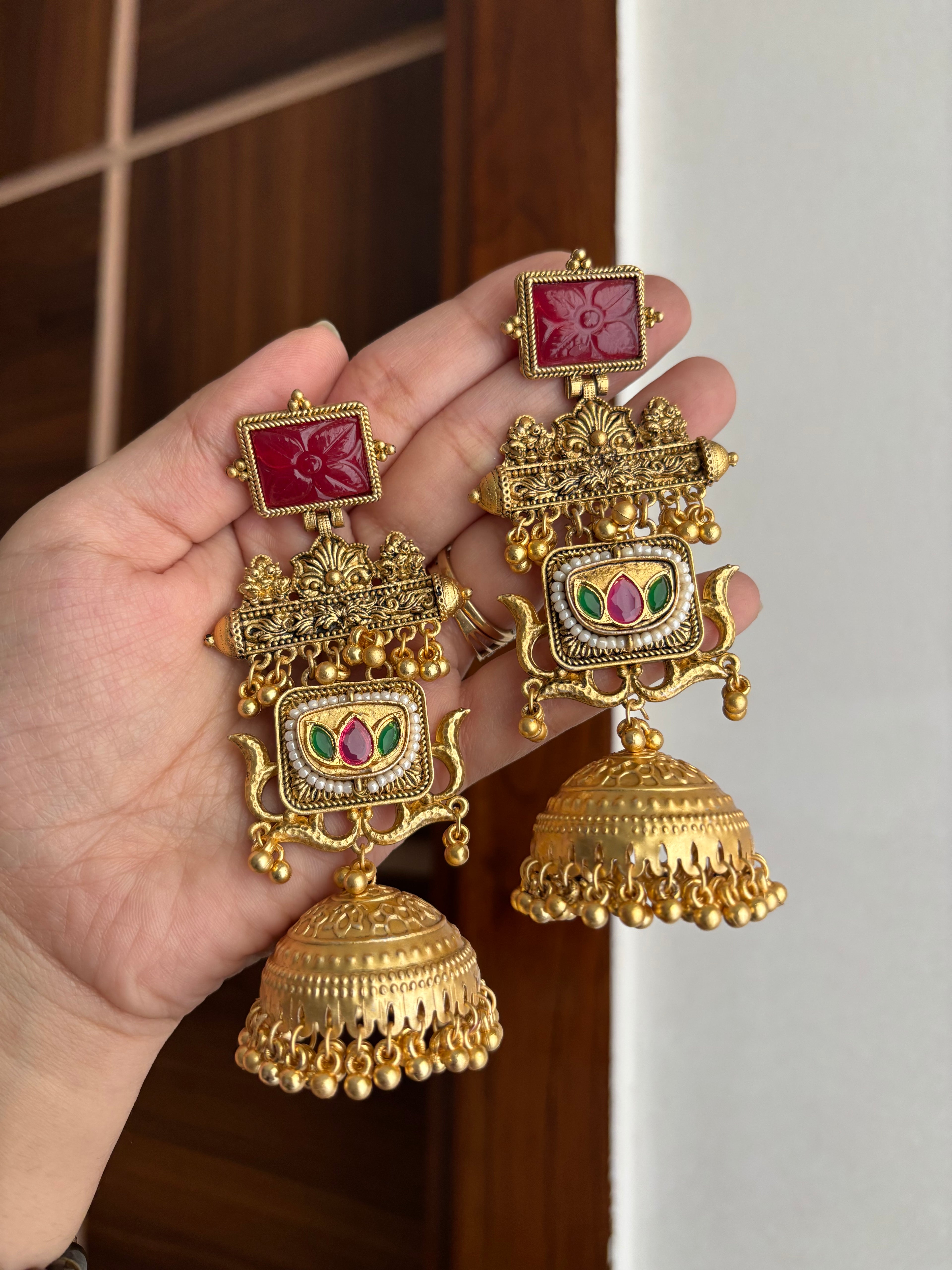 Mehreen Lotus (Ruby & Emerald) Jhumkas