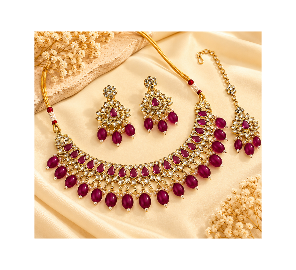 Purple Sleek Necklace With Mang Tikka With Jhumkas