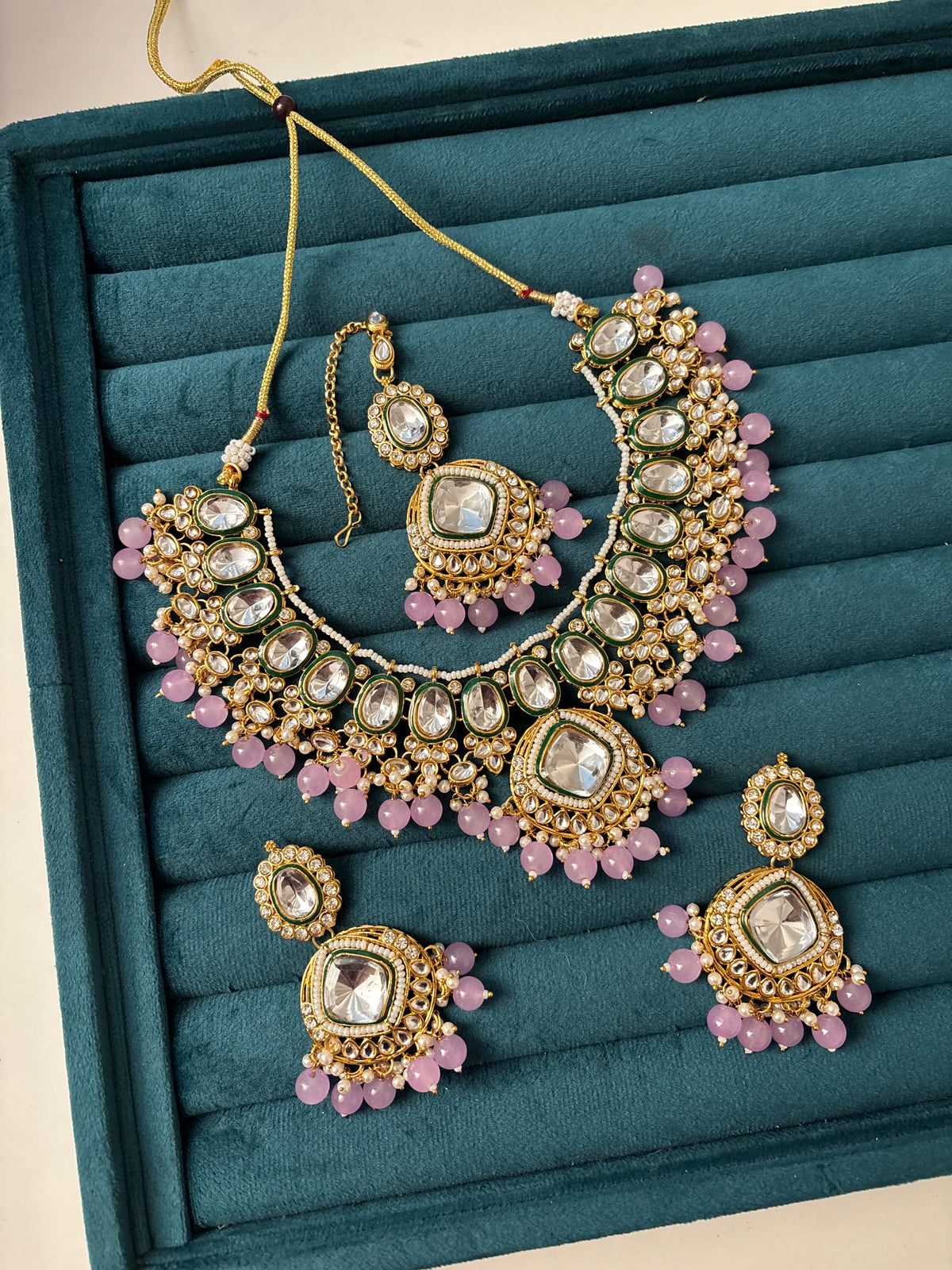 Lavender Kundan Dupe Necklace With Mang Tikka & Earrings