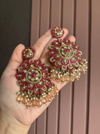 High Quality Designer Jadau Oversized Mang Tikka With Earrings ( Dark Pink )