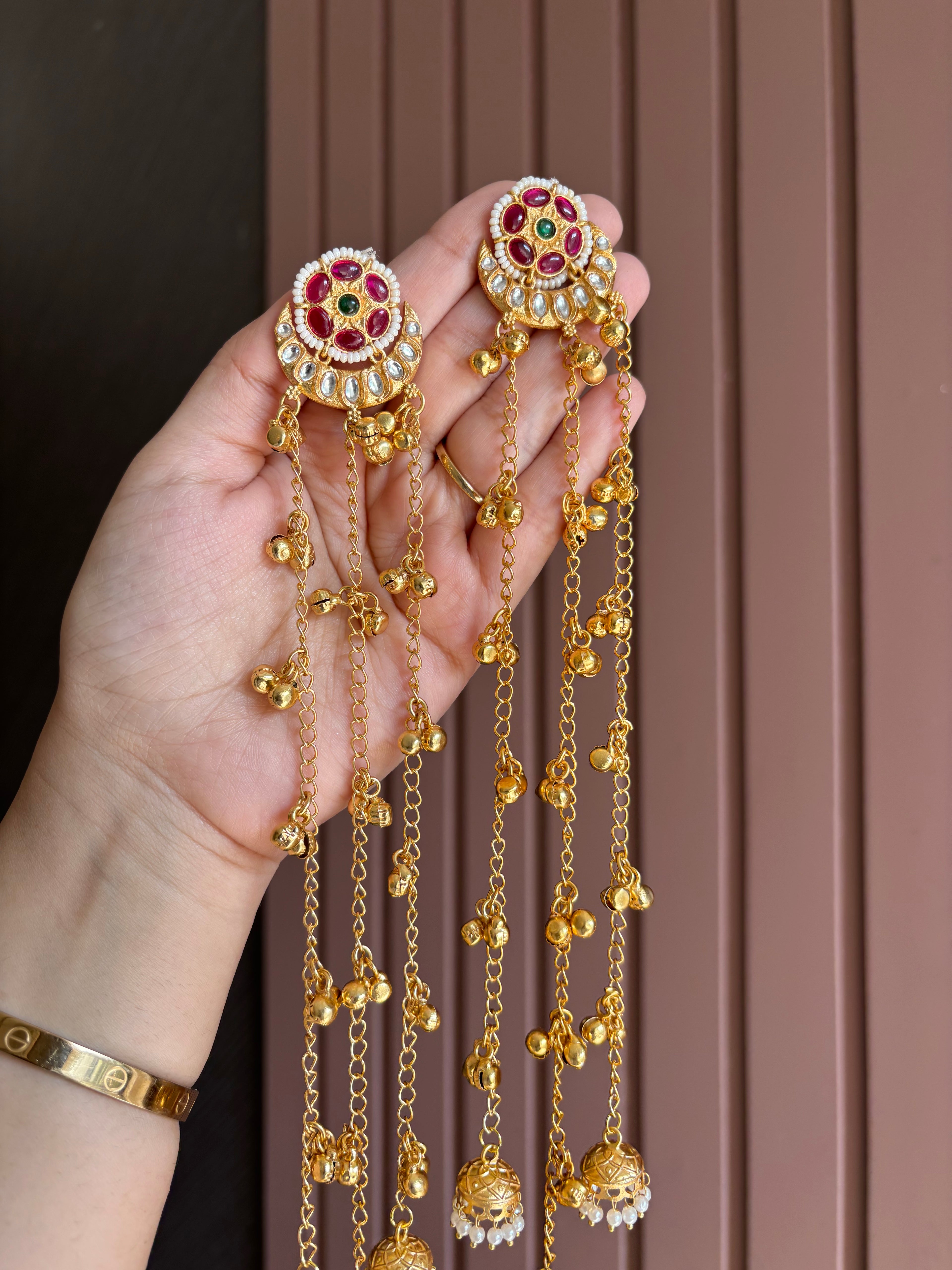 High Quality Designer Kundan Flower Touch Earrings With Long Layers