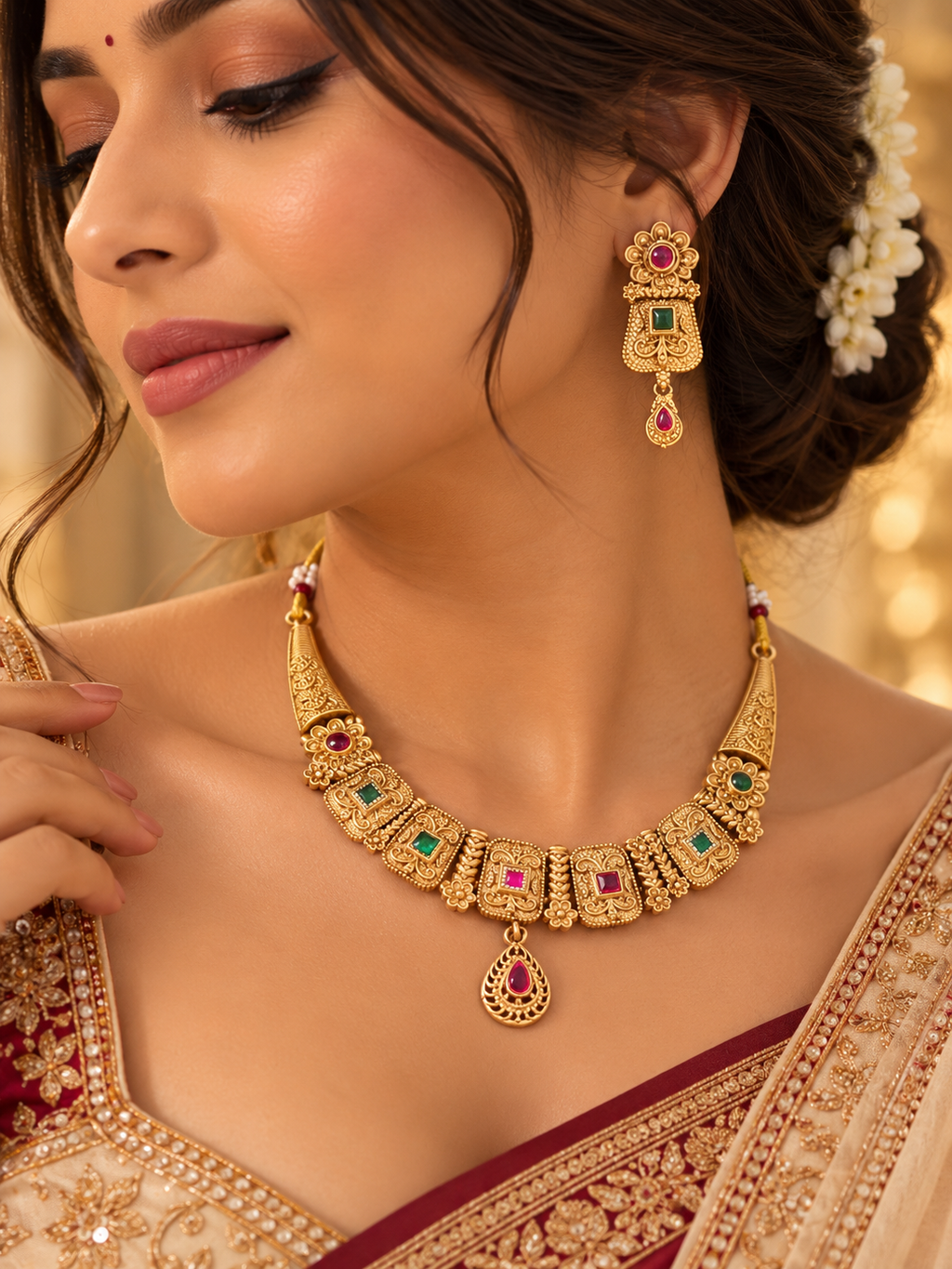 Premium Gold Look Like Sleek Necklace With Earrings (Ruby & Emerald Touch)
