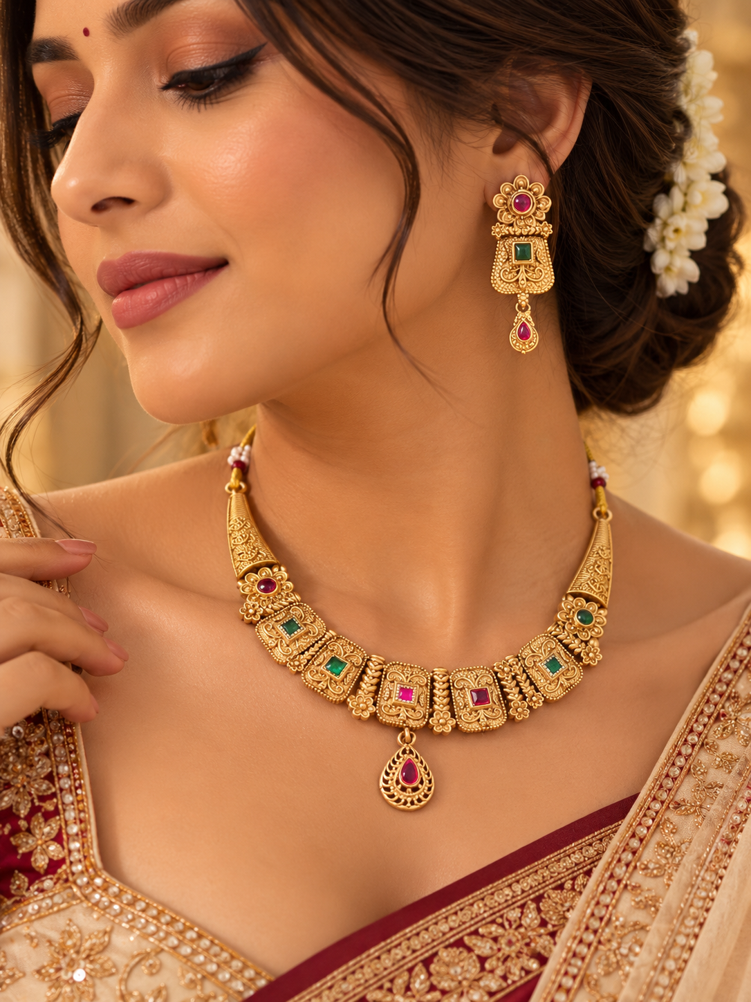 Premium Gold Look Like Sleek Necklace With Earrings (Ruby & Emerald Touch)
