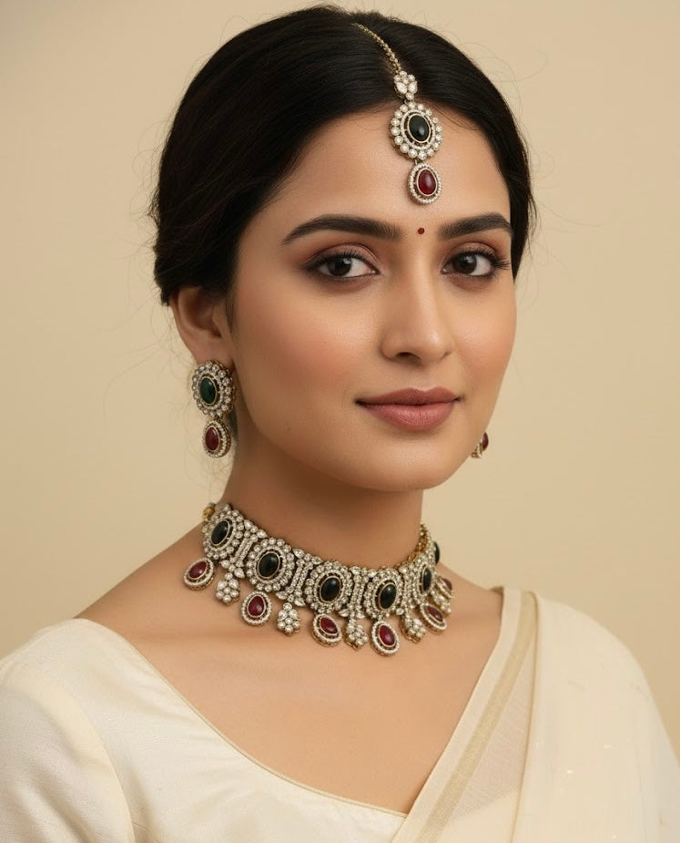 High Quality Designer Bold Maroon & Green Combination Choker With Mang Tikka & Earrings