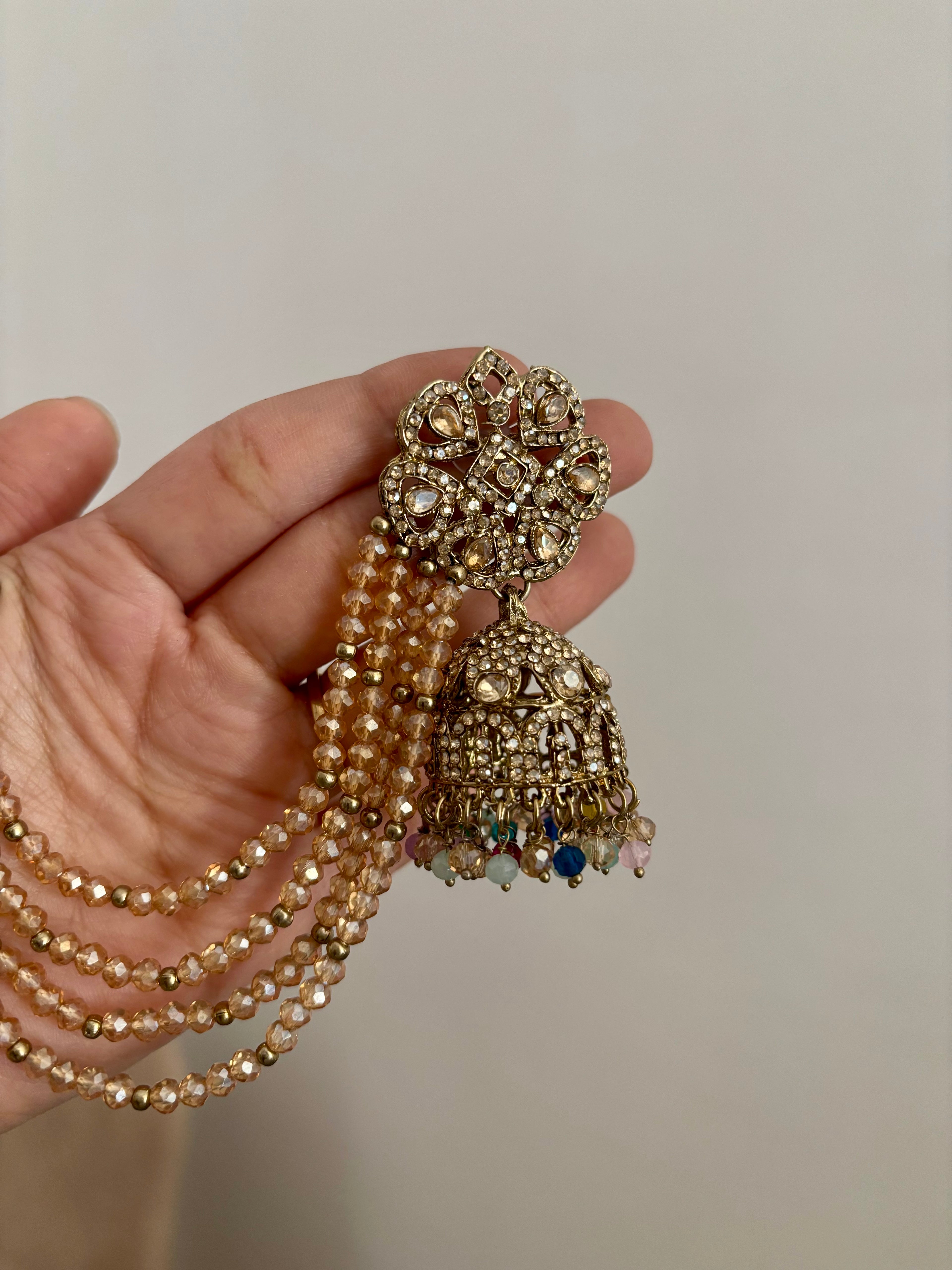 Multi  Flower Crystal Work Mang Tikka With Jhumkas & Side Layers