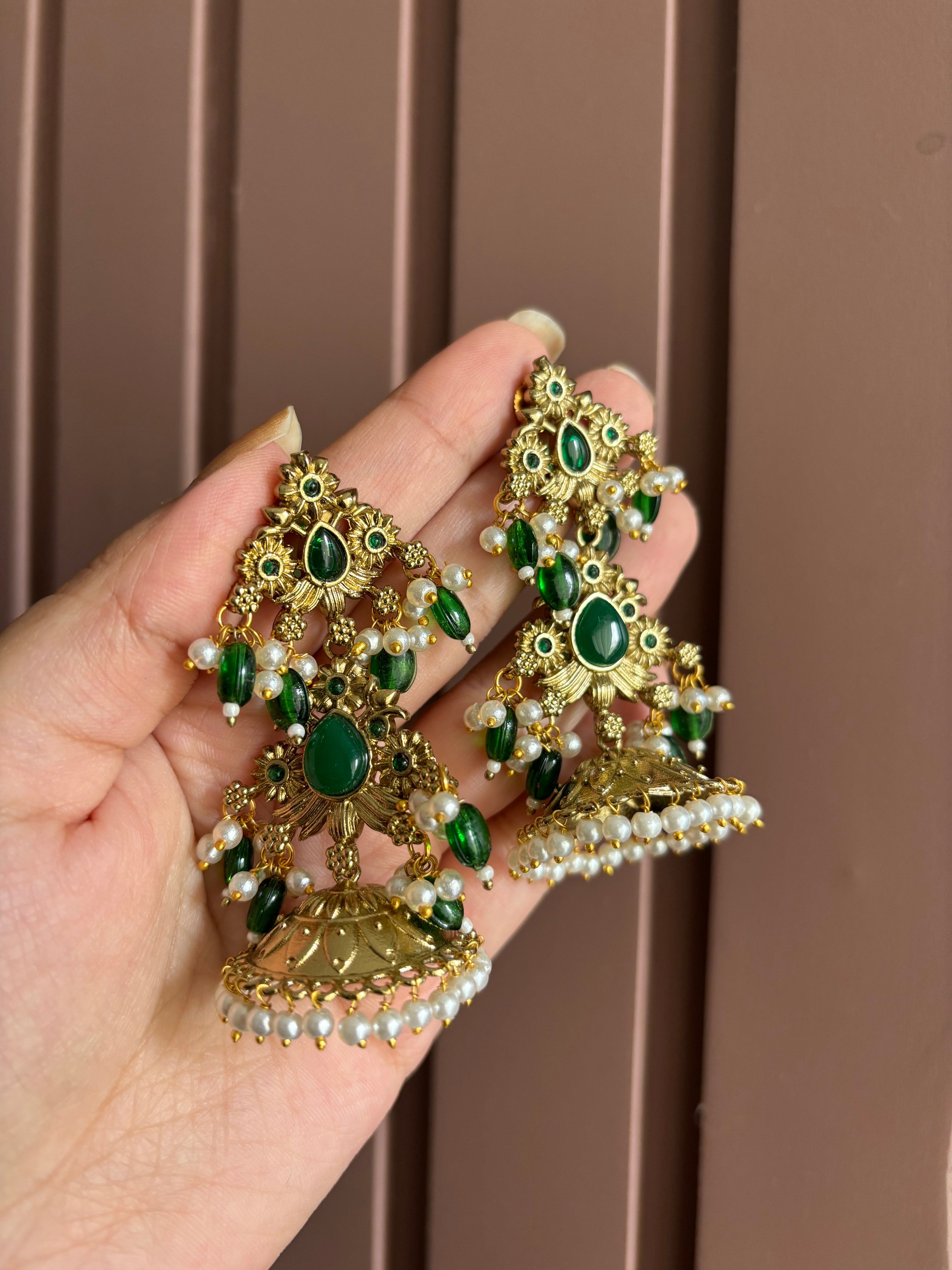 Mansi Designer Brass Jhumkas (Emerald)