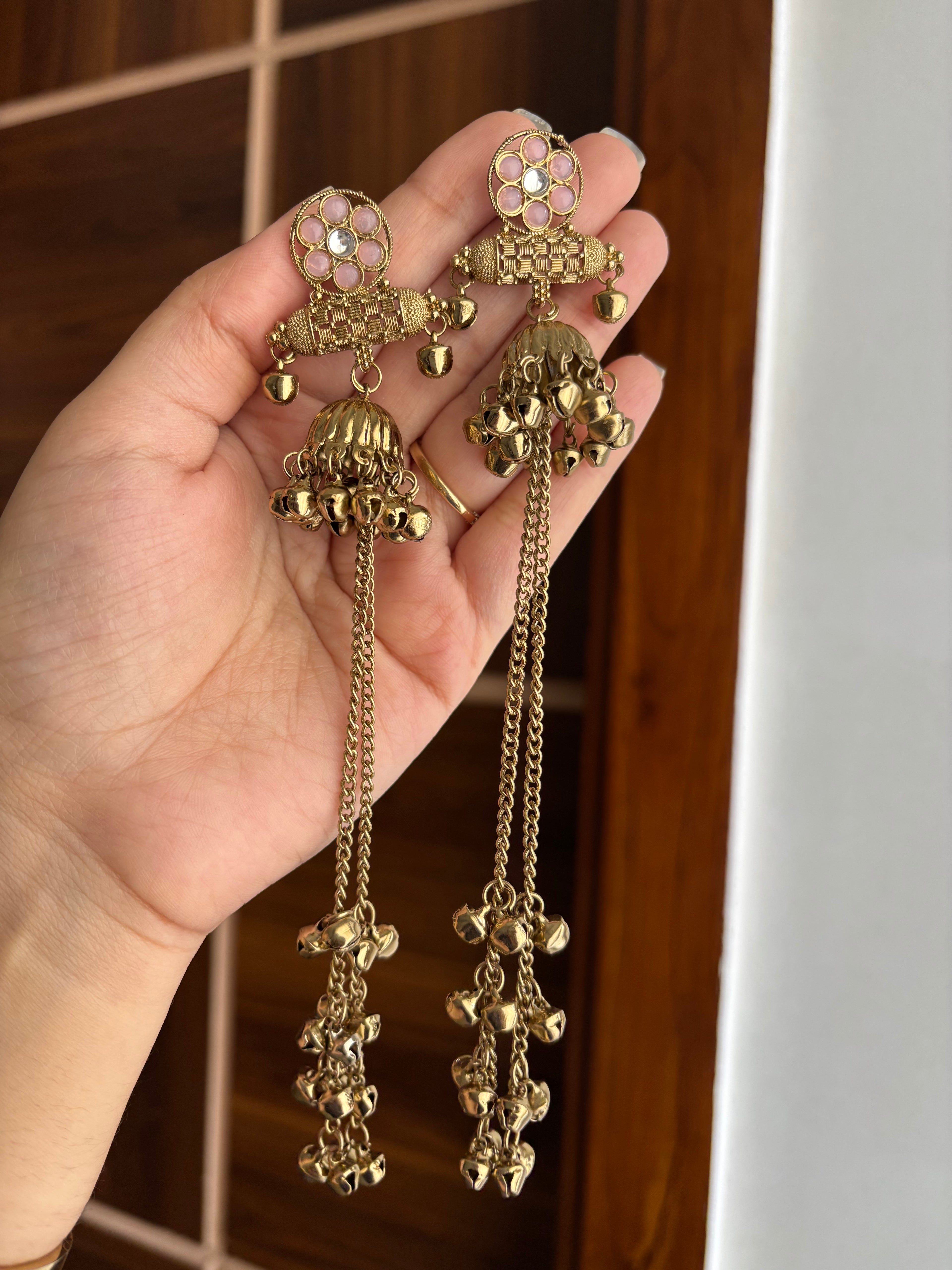 Daisy Kashmiri Jhumkas With Long Layers (Pink)