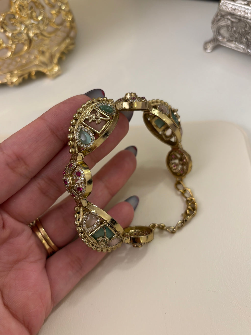 Premium Brass Adjustable Moissanite & Doublet Stones Work Adjustable Bracelet (Pink & Mint)