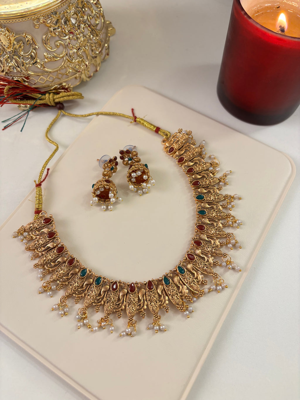 Gold Look Like Ruby & Emerald Touch Necklace With Jhumkas