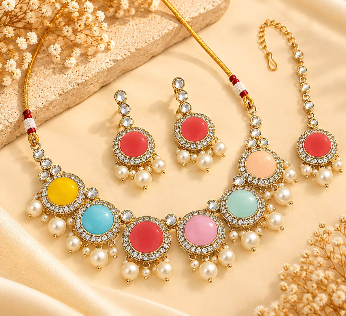 Multi Round Necklace With Mang Tikka With Jhumkas
