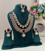 High Quality Designer Victorian Double Layer Necklace With Mang Tikka & Earrings (Ruby)