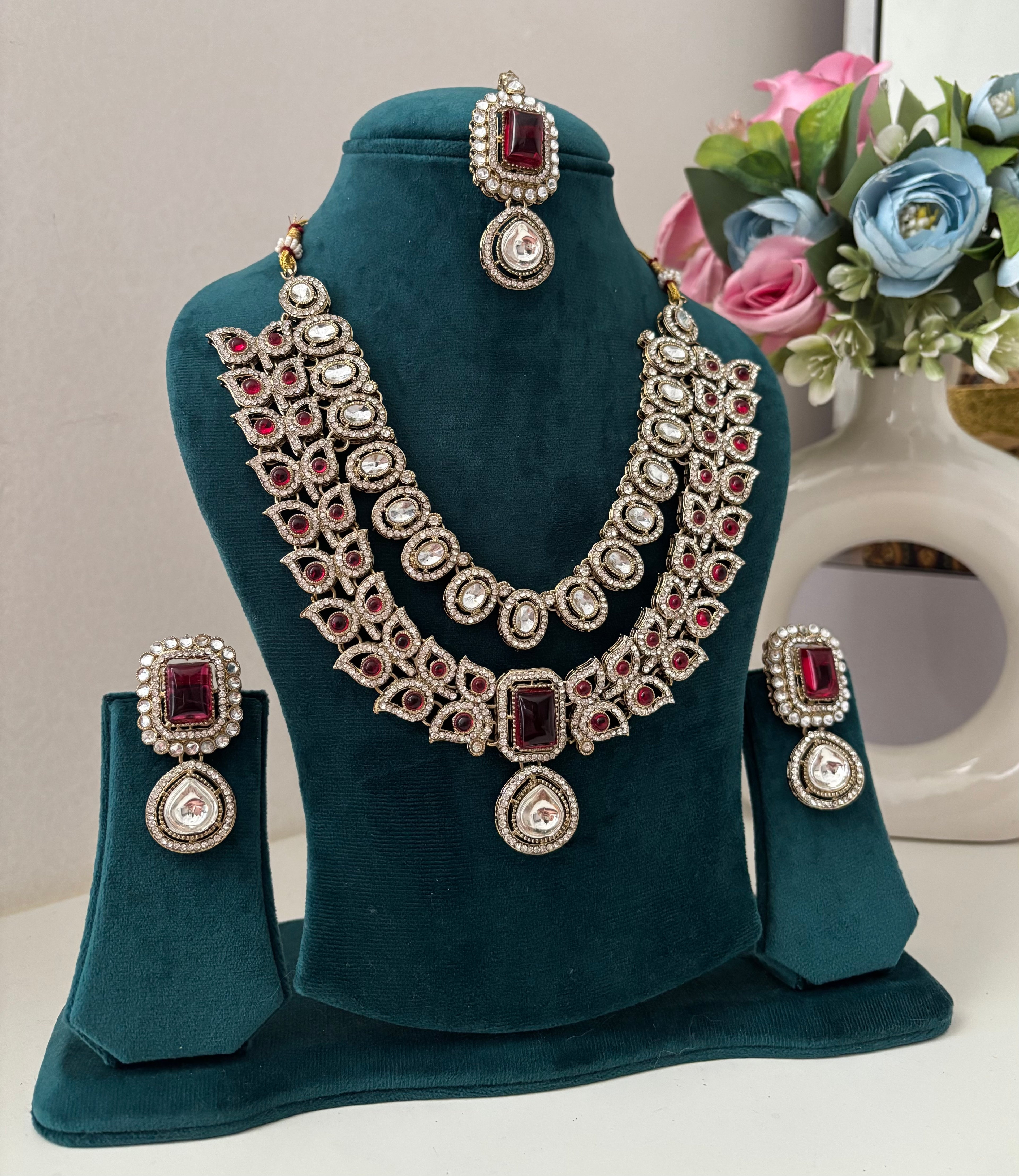 High Quality Designer Victorian Double Layer Necklace With Mang Tikka & Earrings (Ruby)