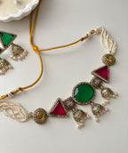 Jazz Doublet Stone Work Choker With Earrings (Red/Green)