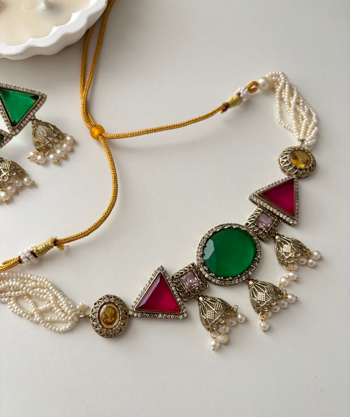 Jazz Doublet Stone Work Choker With Earrings (Red/Green)